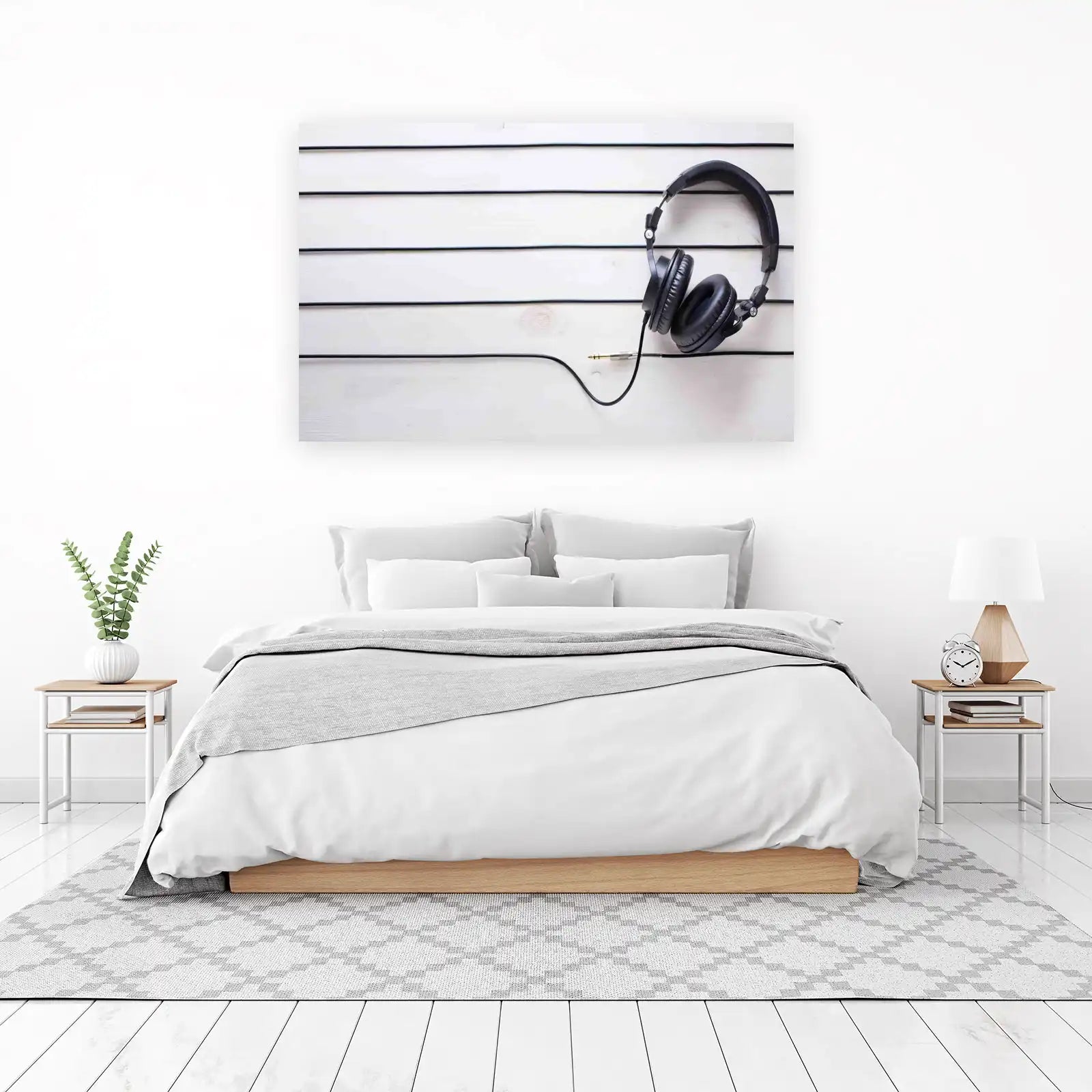 Minimalist Headphones on White Wood Wall Art