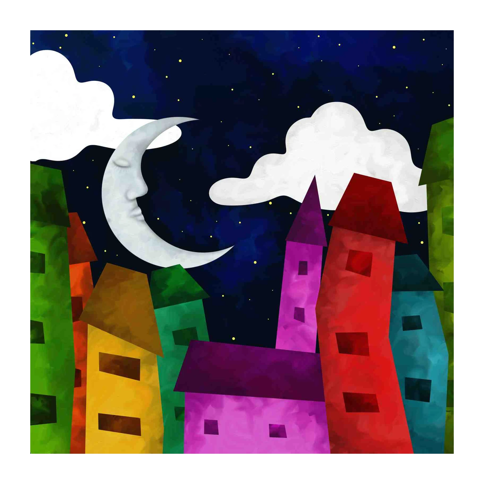 Whimsical Moon Cityscape Wall Art