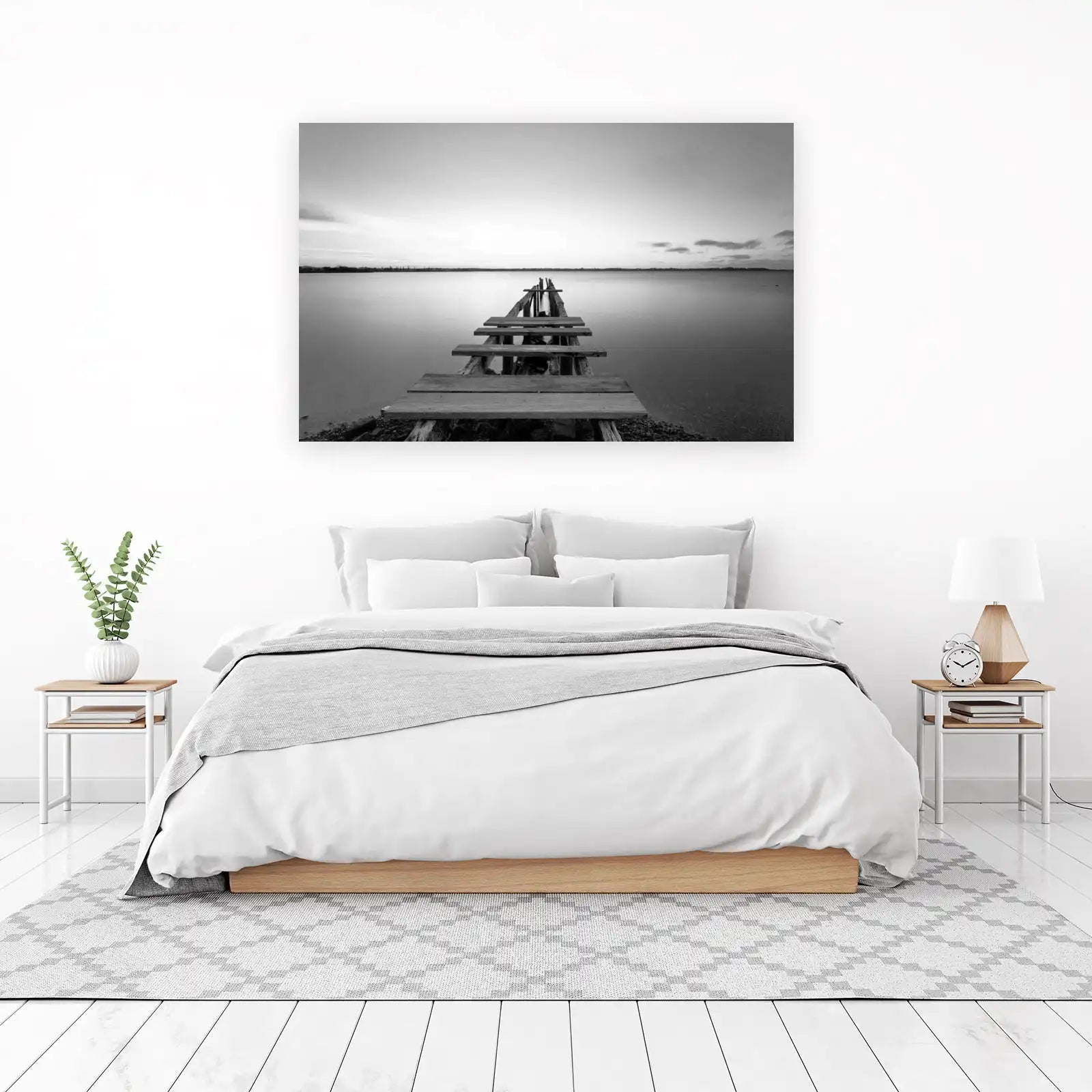 Serene Pier Landscape Black & White Wall Art