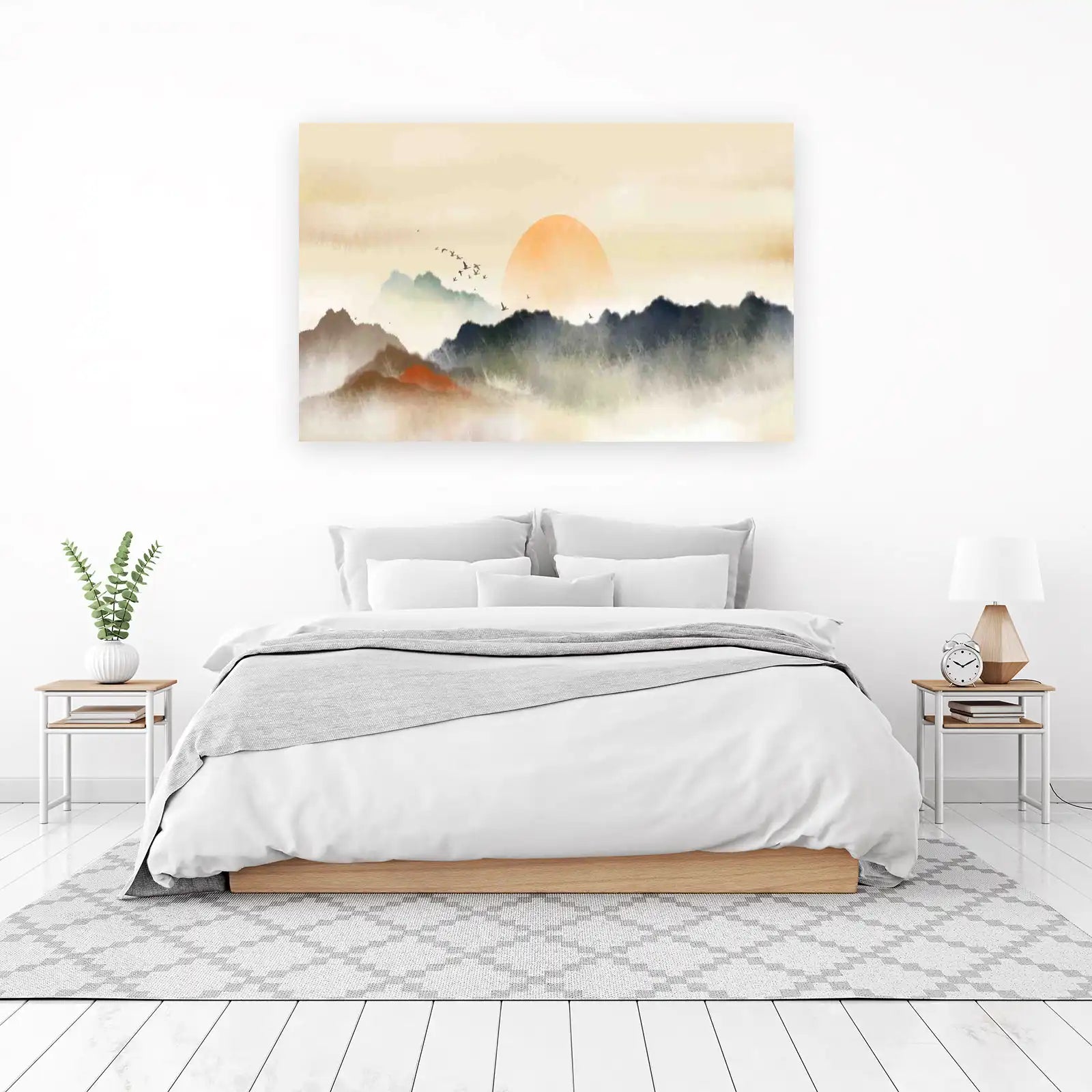 Serene Mountain Landscape Birds Wall Art