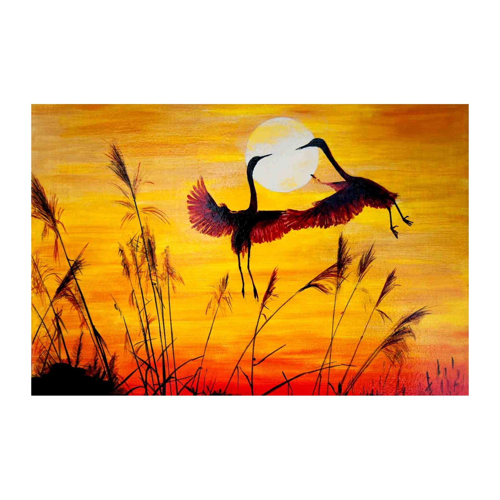Sunset Cranes Flying Wall Art | Serene Nature Art