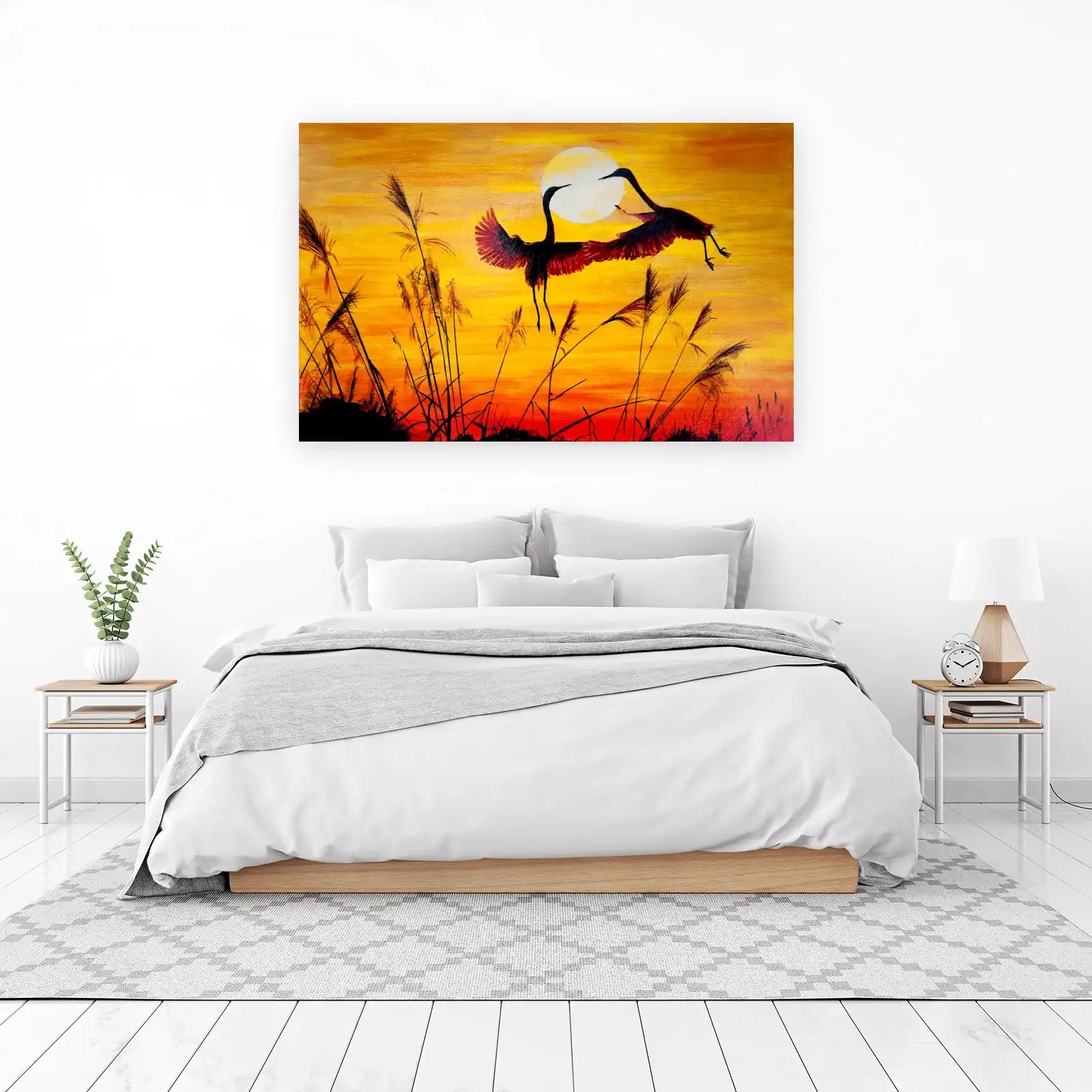 Sunset Cranes Flying Wall Art | Serene Nature Art