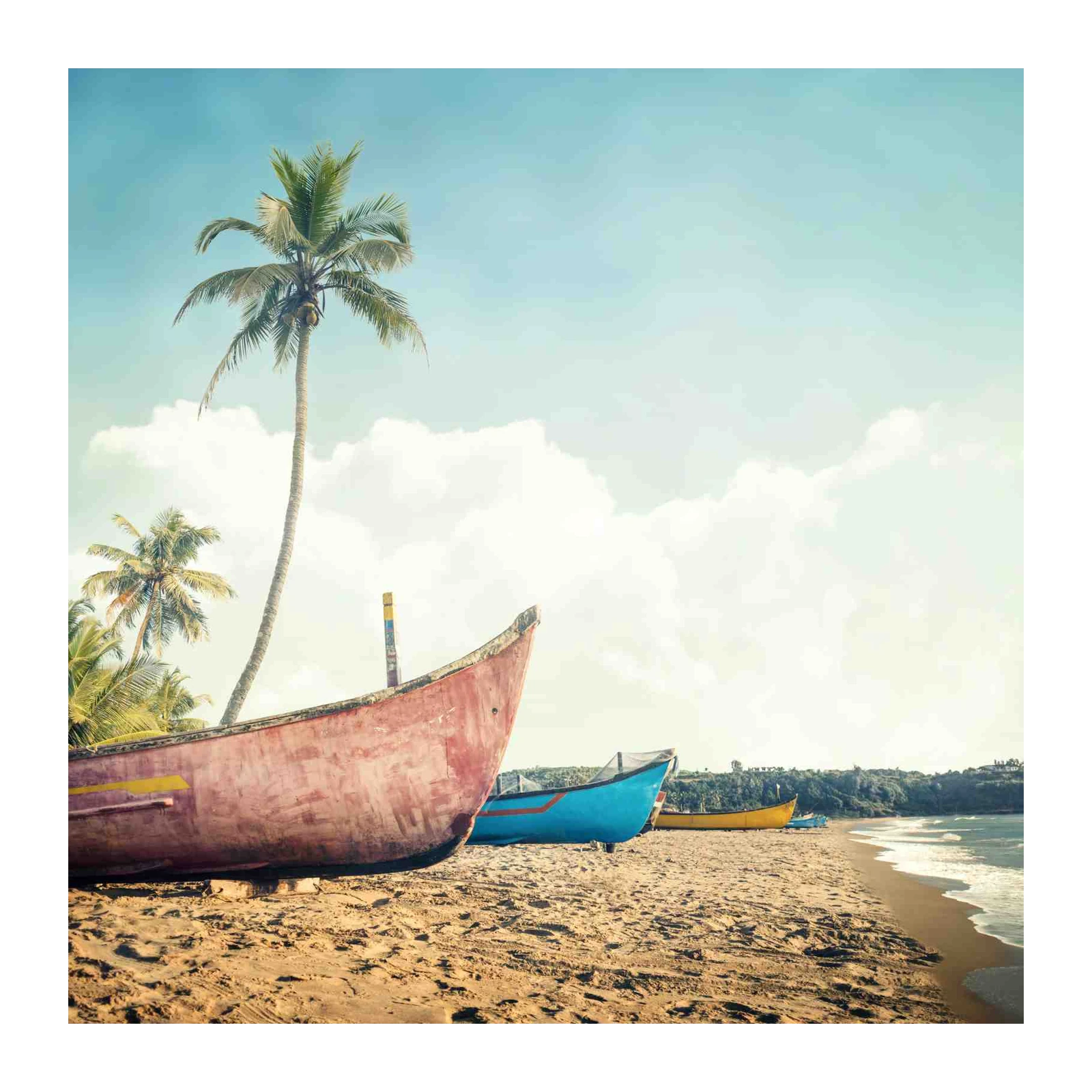 Tropical Beach Boats and Palm Trees Wall Art