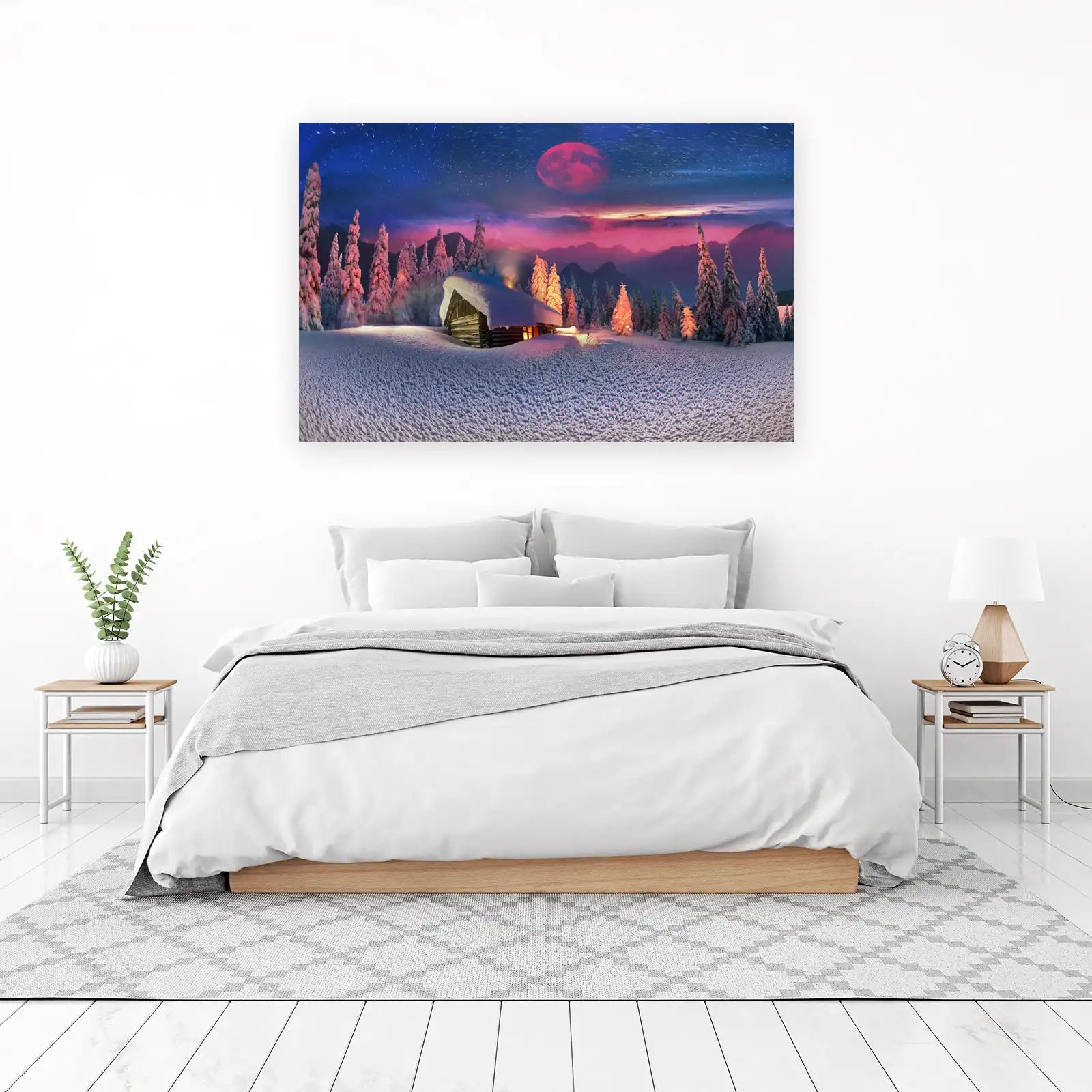 Enchanted Winter Cabin Red Moon Wall Art