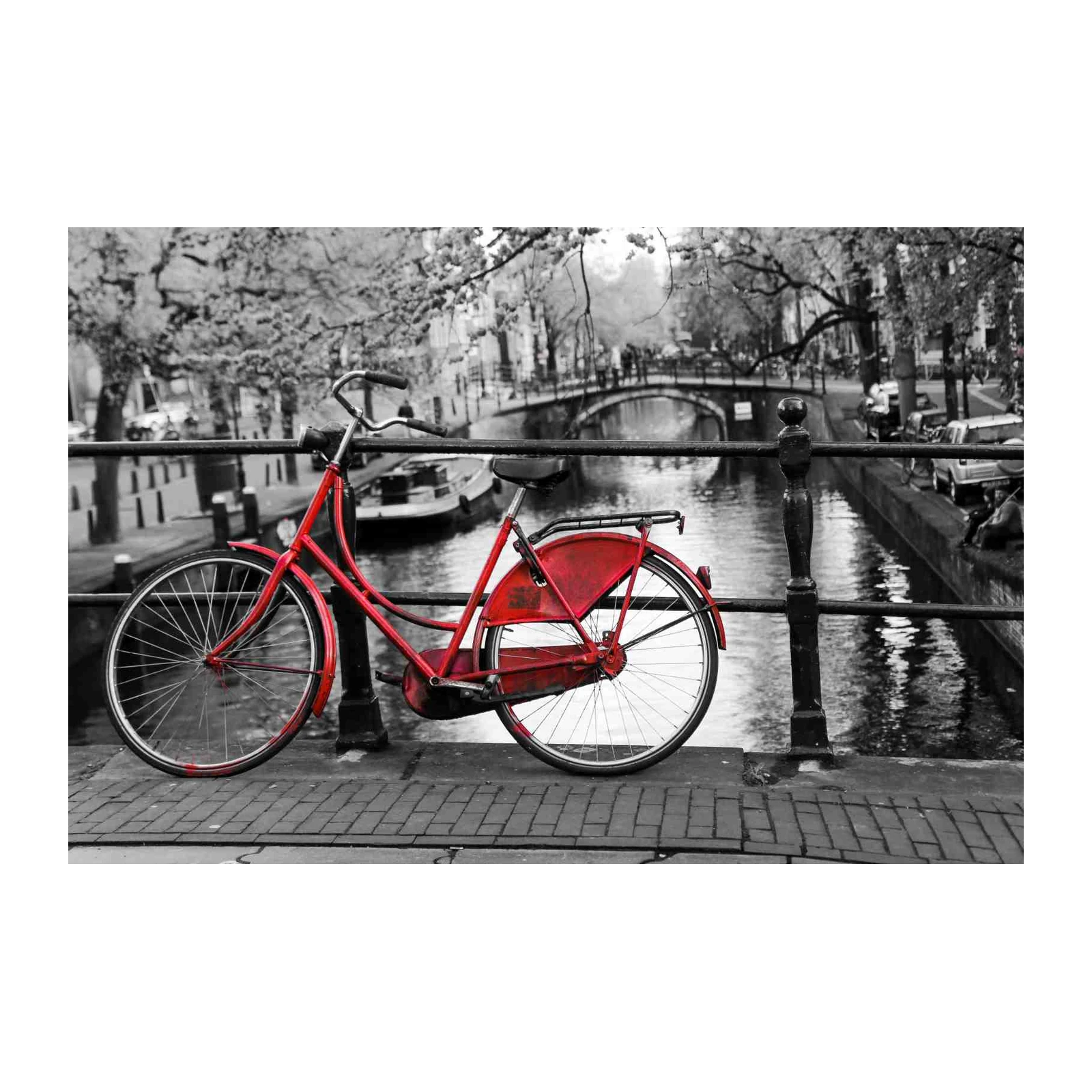 Vibrant Red Bicycle Amsterdam Canal Wall Art