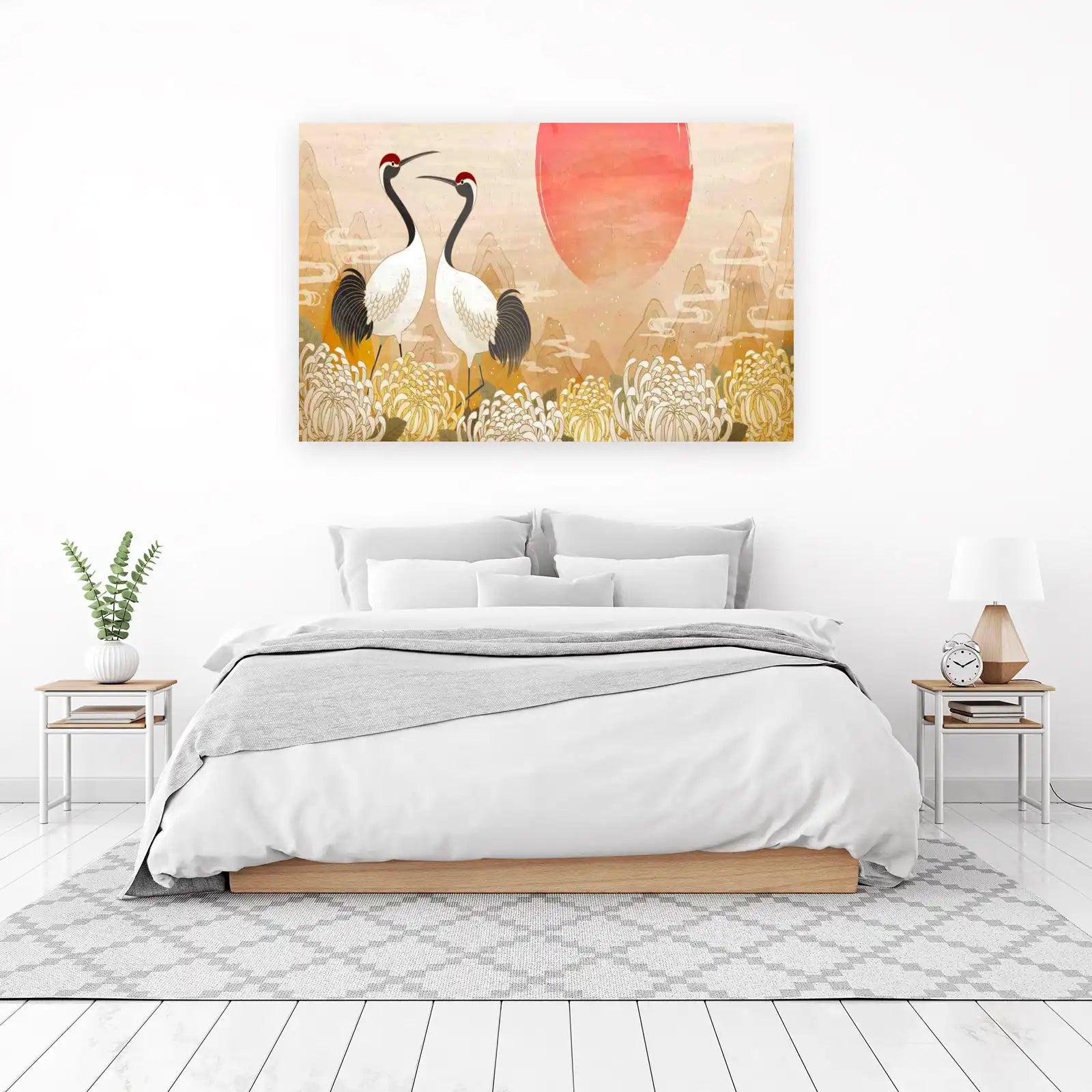 Elegant Cranes & Chrysanthemums Wall Art