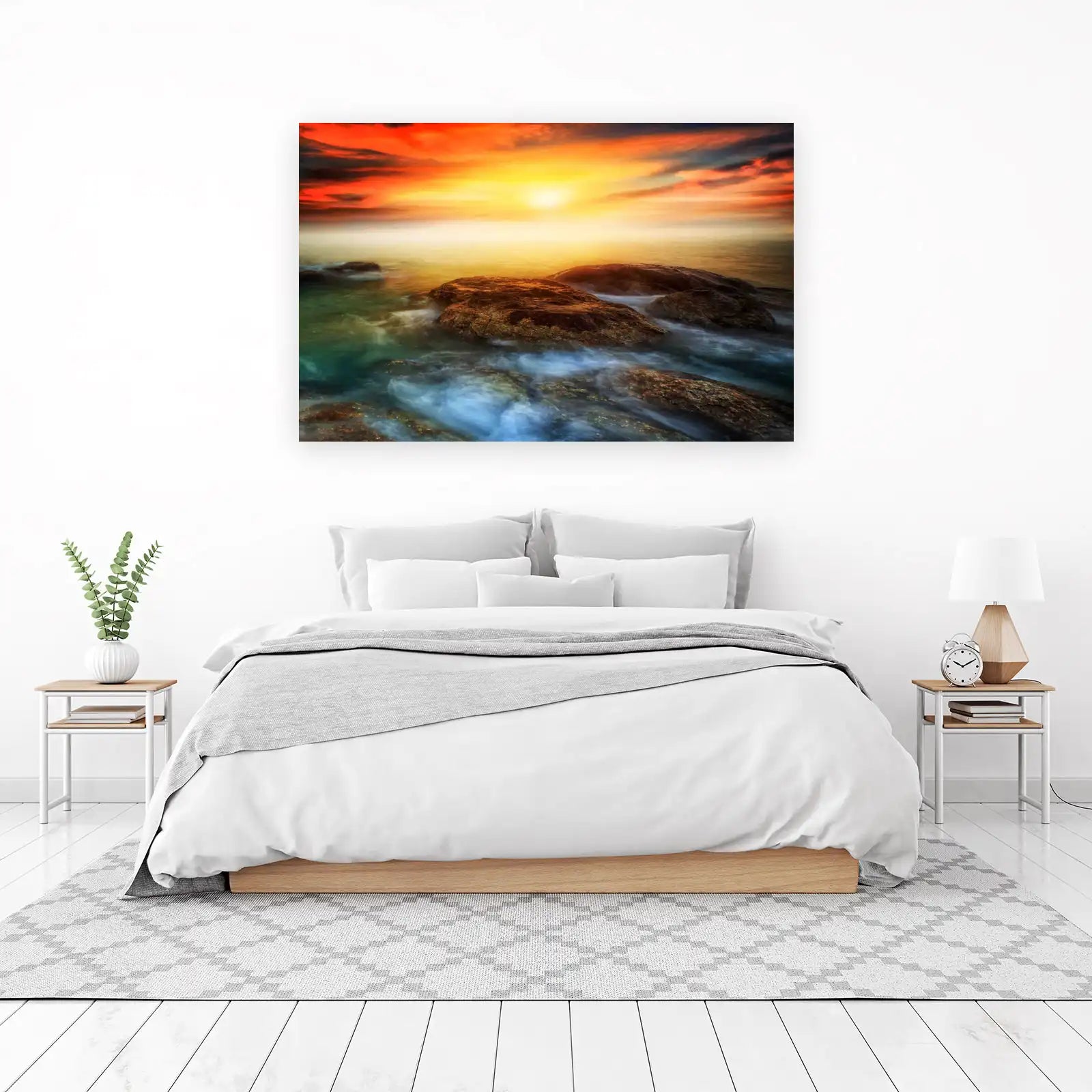 Fiery Sunset Ocean Rocks Wall Art