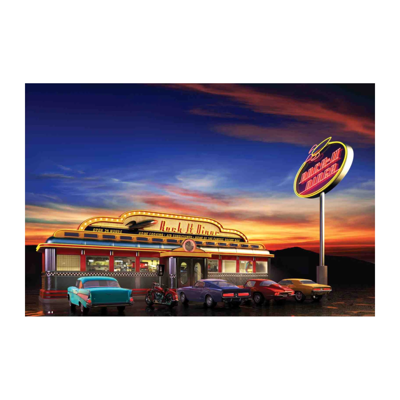 Retro Diner Sunset Classic Cars Wall Art
