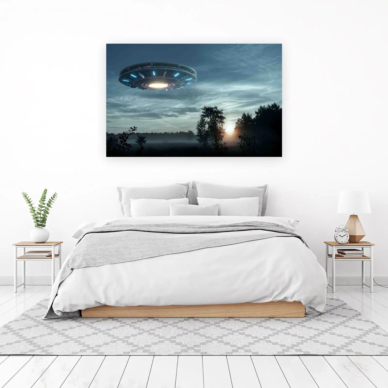 Mysterious UFO Over Misty Landscape Wall Art