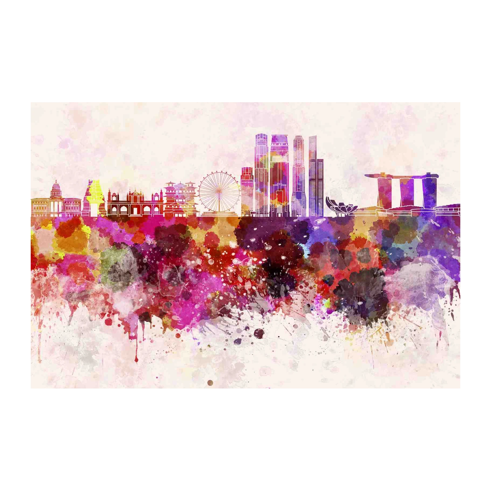Vibrant Singapore Skyline Watercolor Wall Art