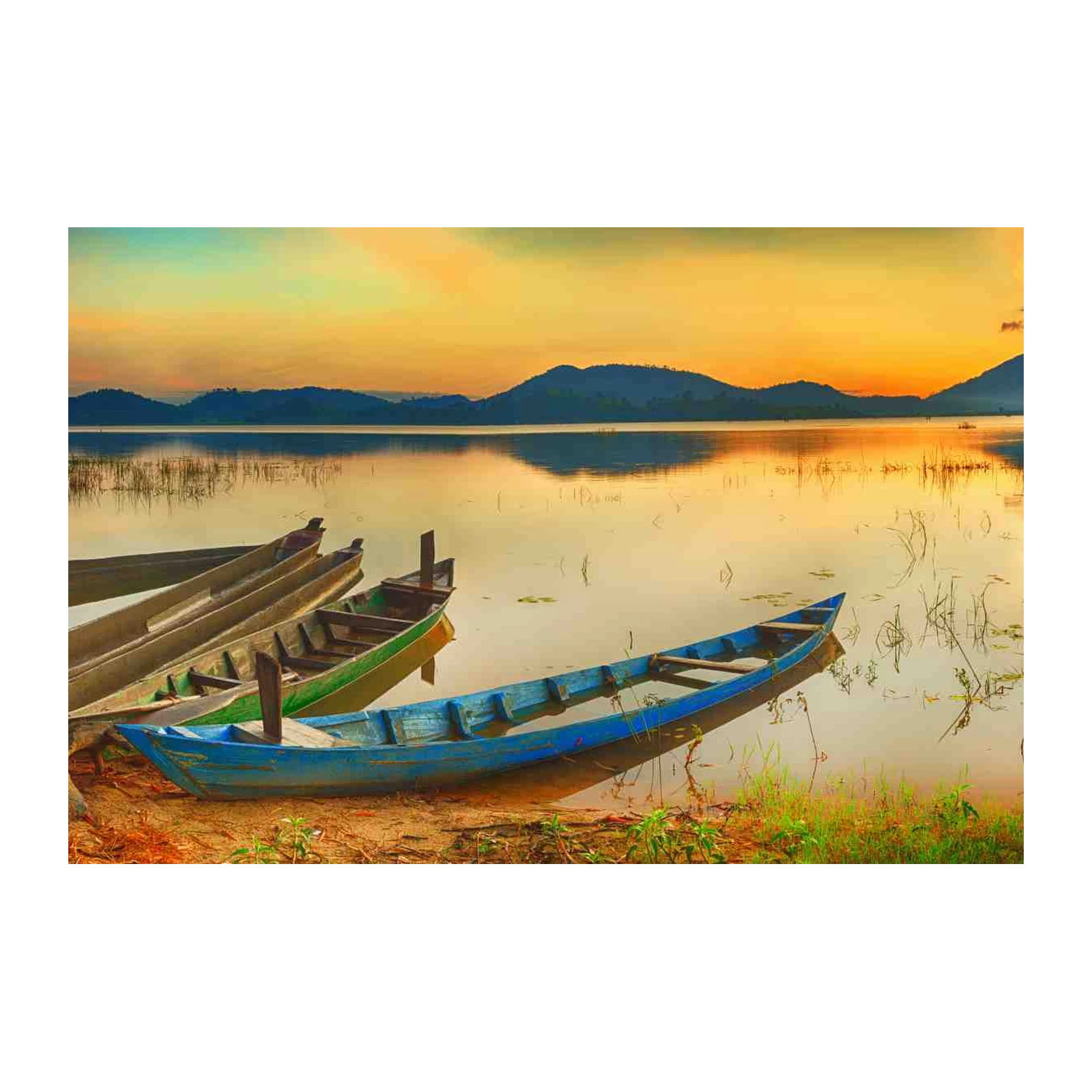 Serene Sunset Boats Landscape Wall Art