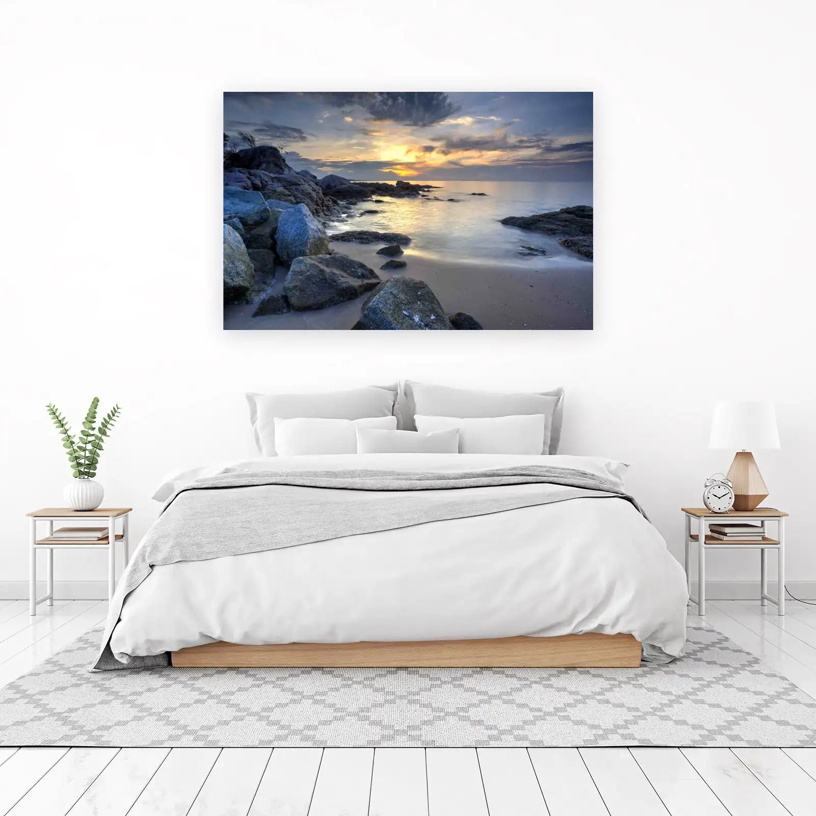 Tranquil Sunset Beach Rocky Coast Wall Art