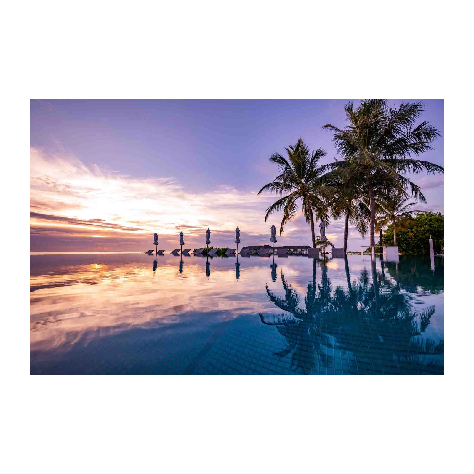 Tropical Sunset Infinity Pool Palm Trees Wall Art