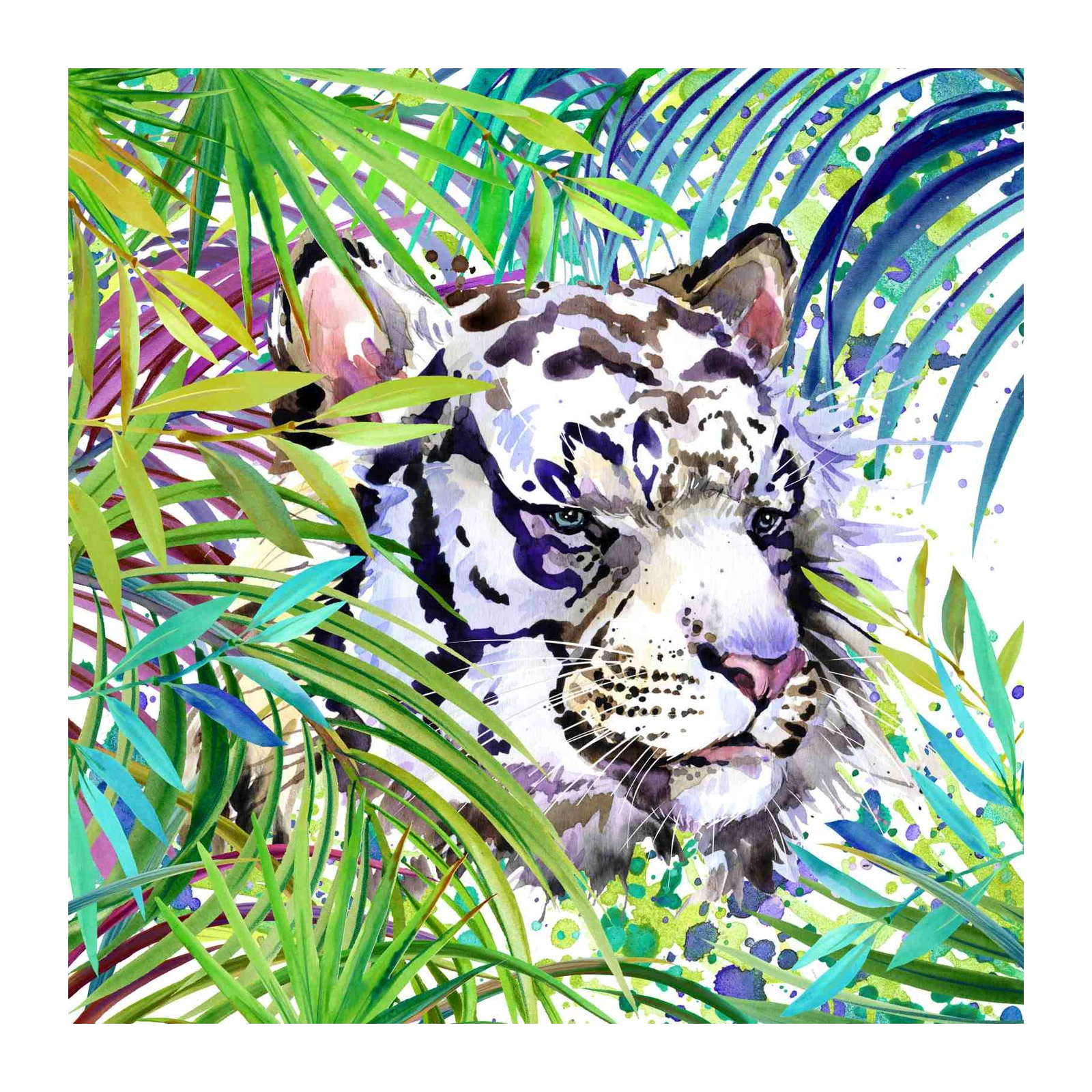 Majestic White Tiger Jungle Watercolor Wall Art