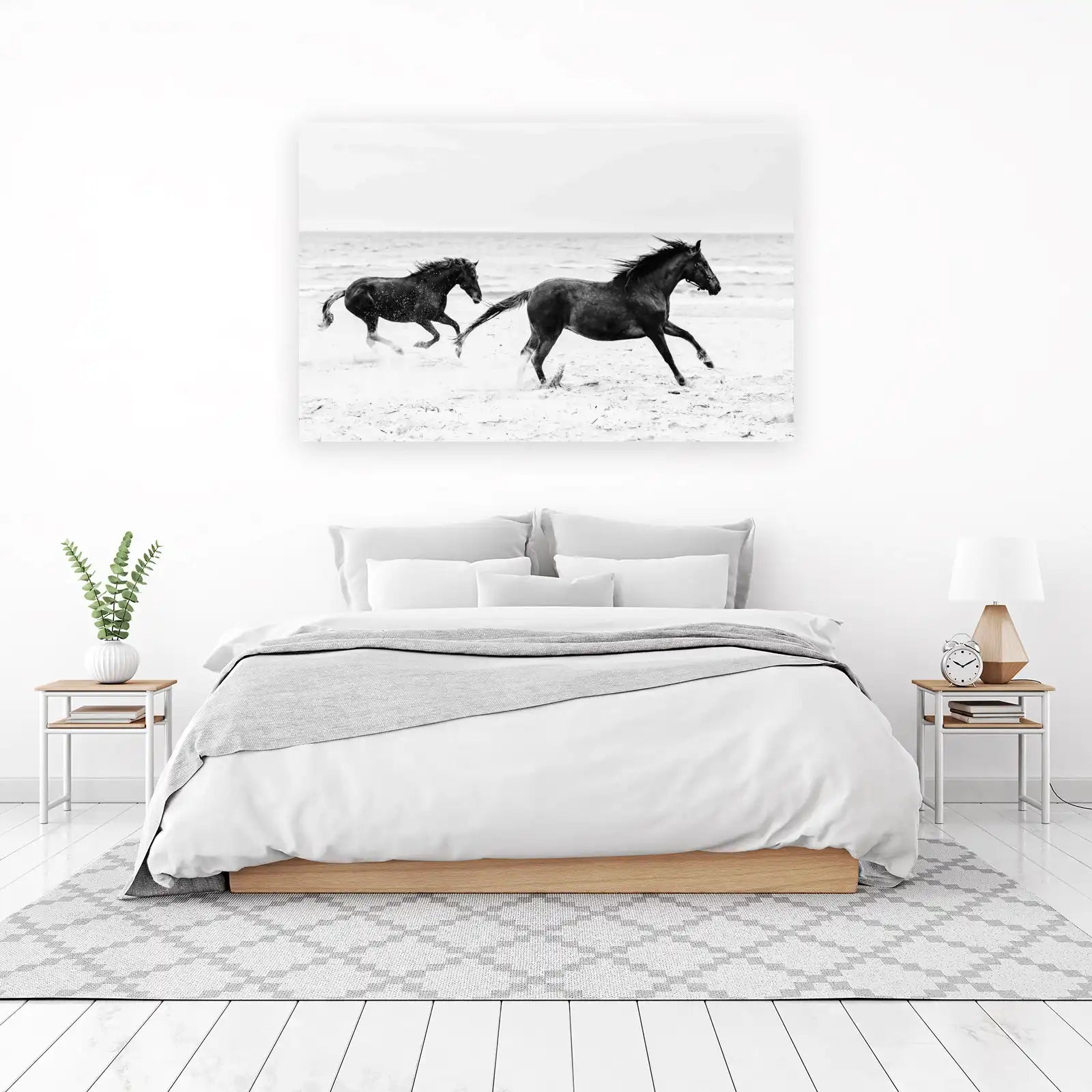 Wild Horses Galloping Beach B&W Wall Art