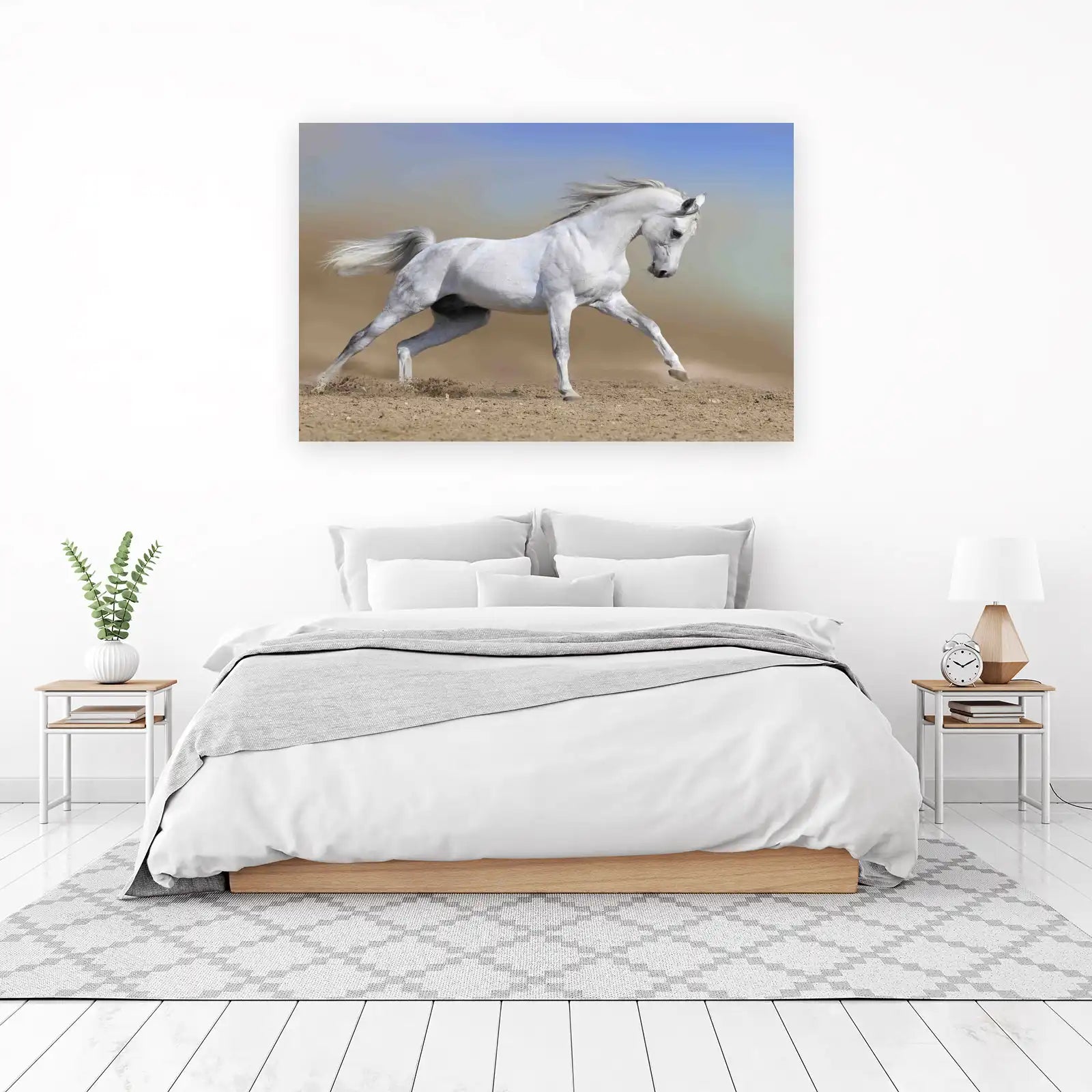 Majestic White Horse Galloping Desert Wall Art
