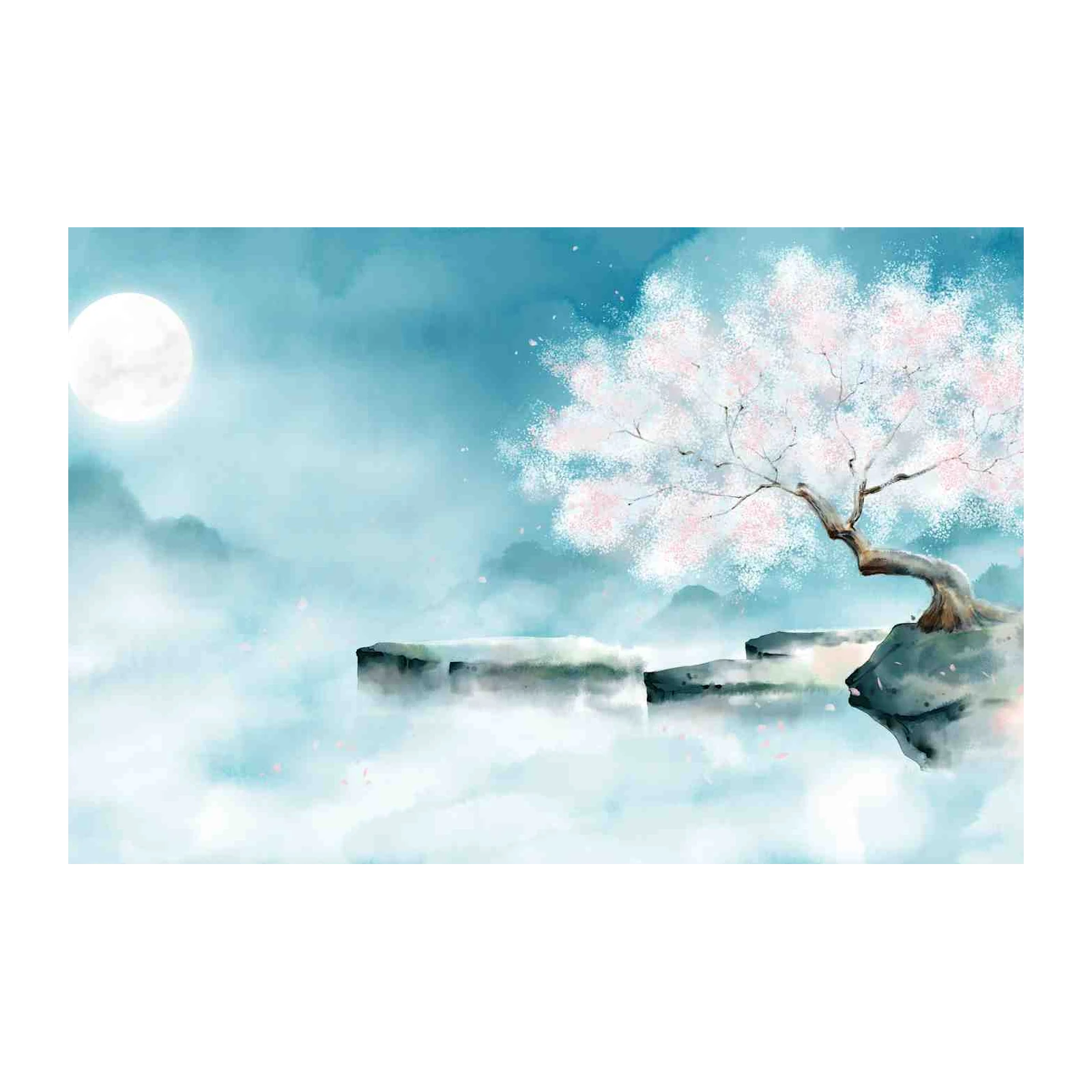 Serene Cherry Blossom Moonlit Landscape Wall Art