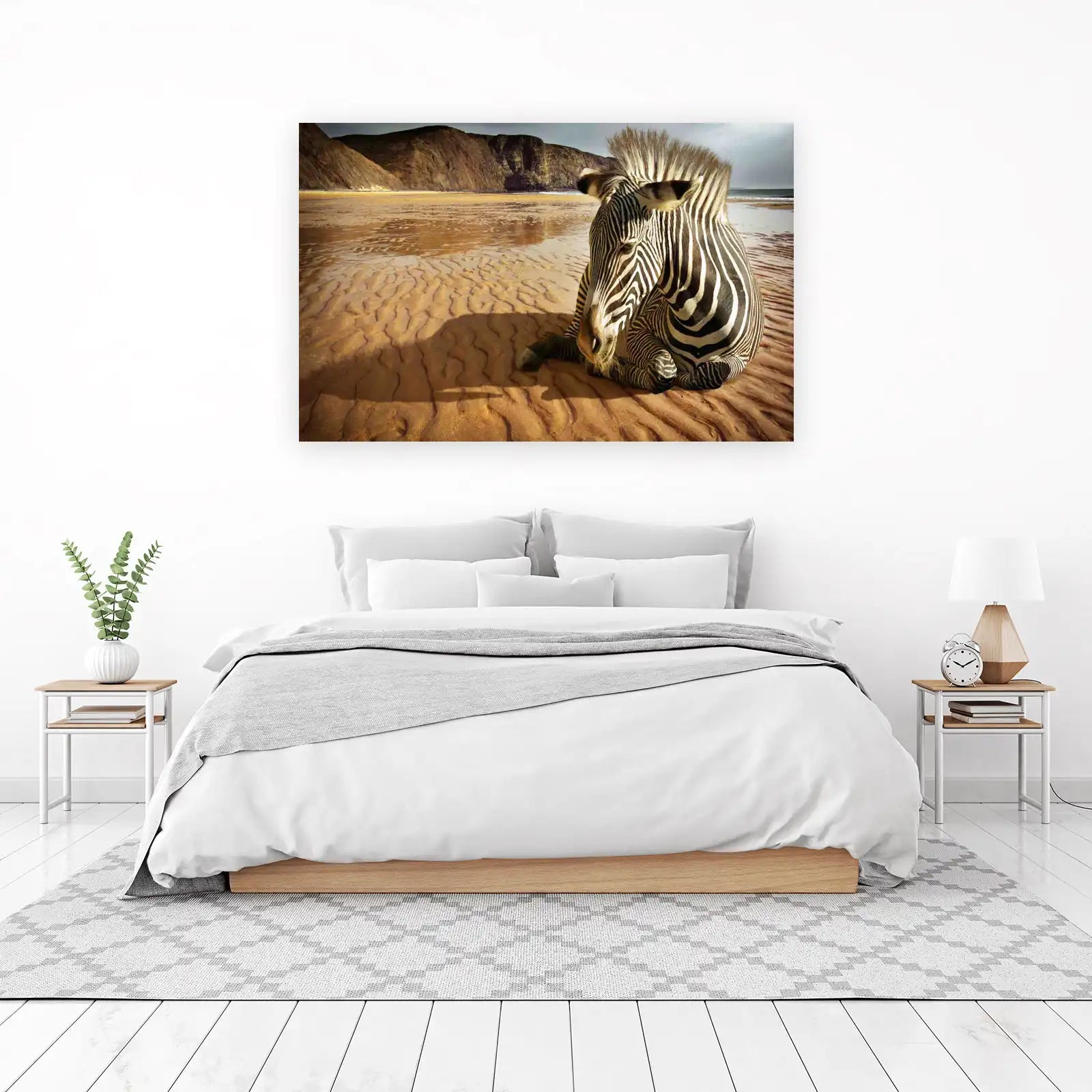 Resting Zebra on Sandy Beach Wall Art