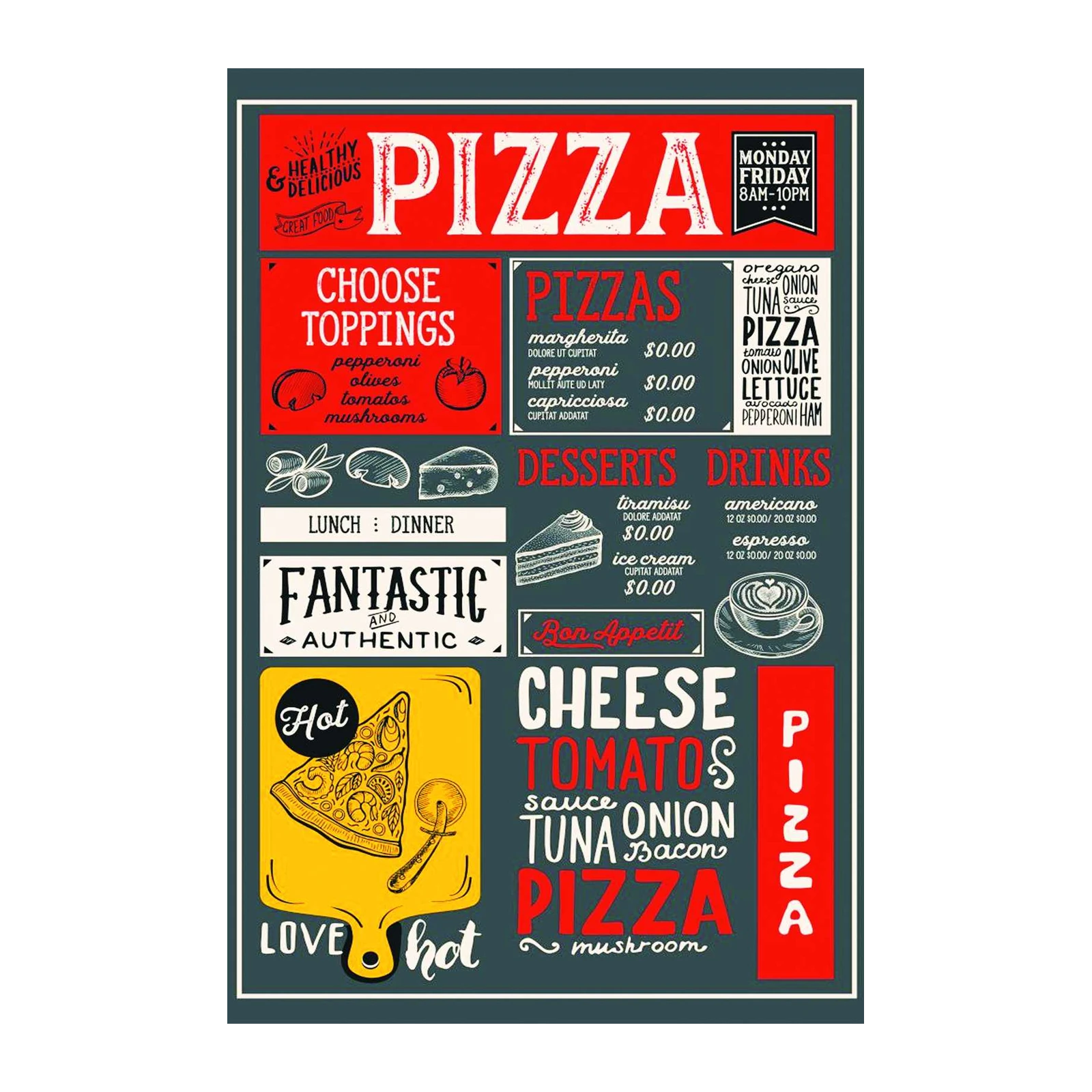 Vintage Pizza Menu Art Wall Art