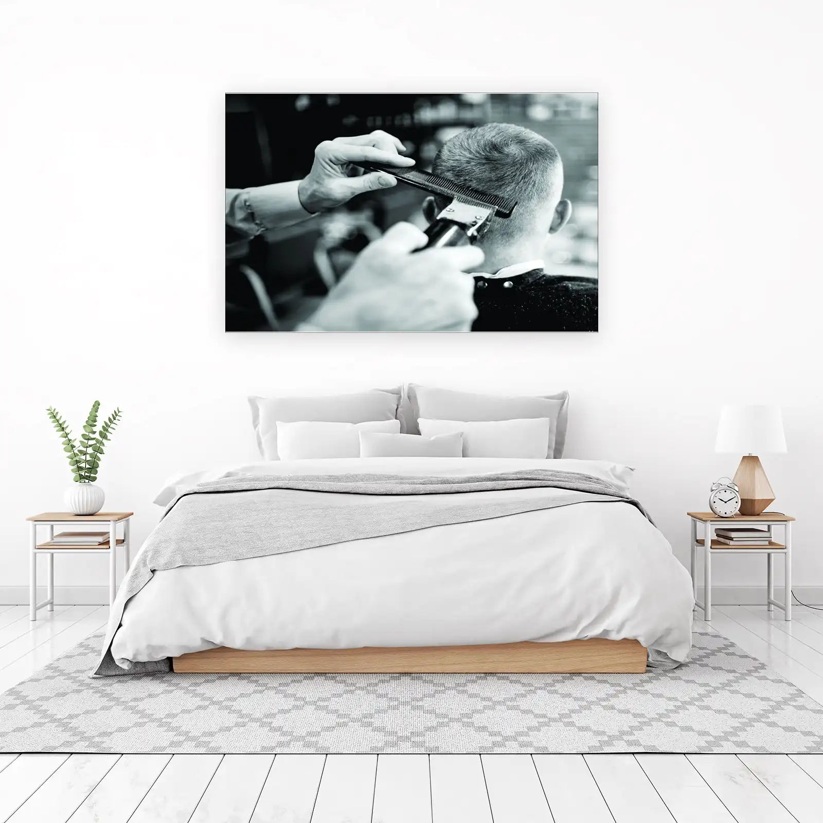 Retro Barber Scene B&W Wall Art