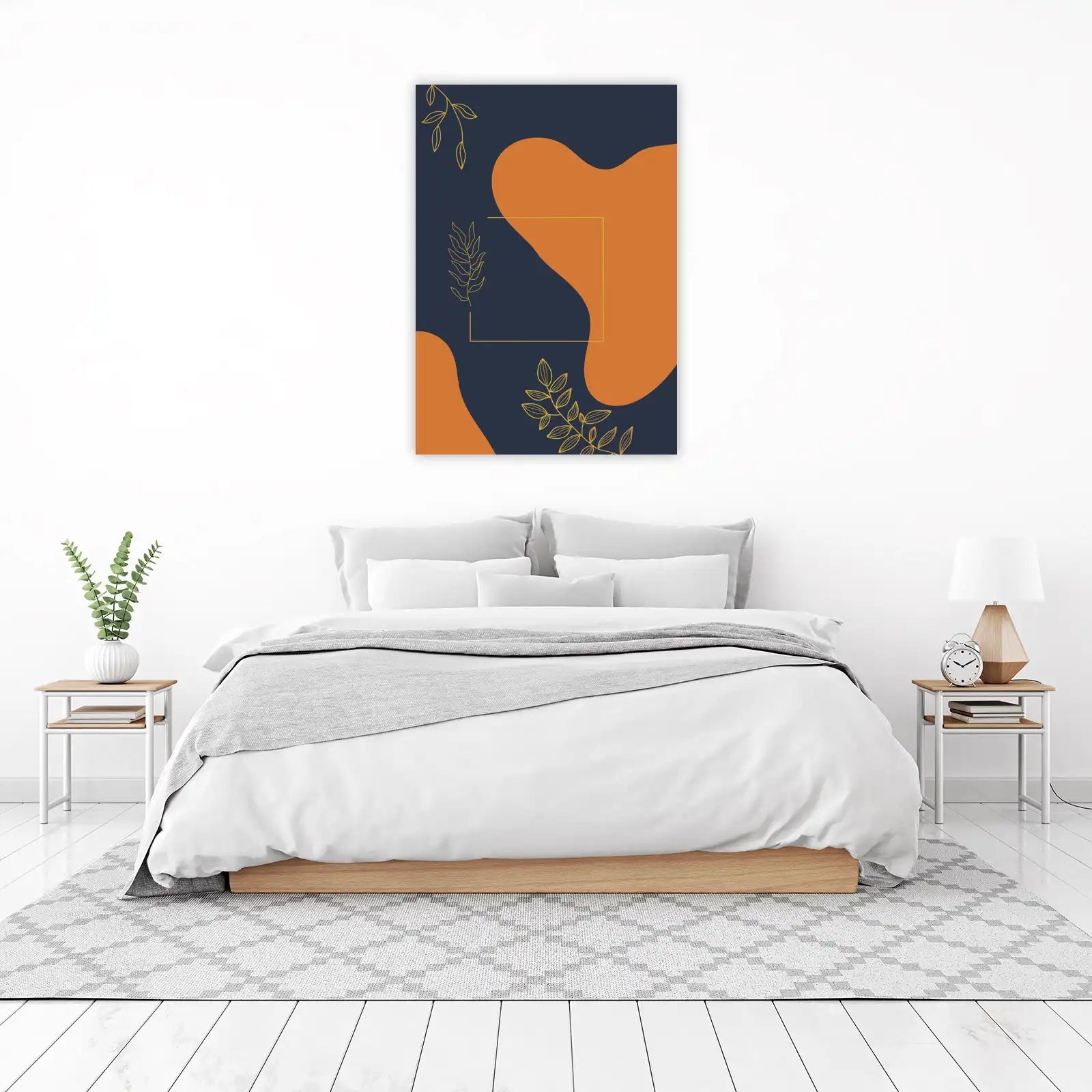 Boho Botanical Abstract Navy Orange Wall Art