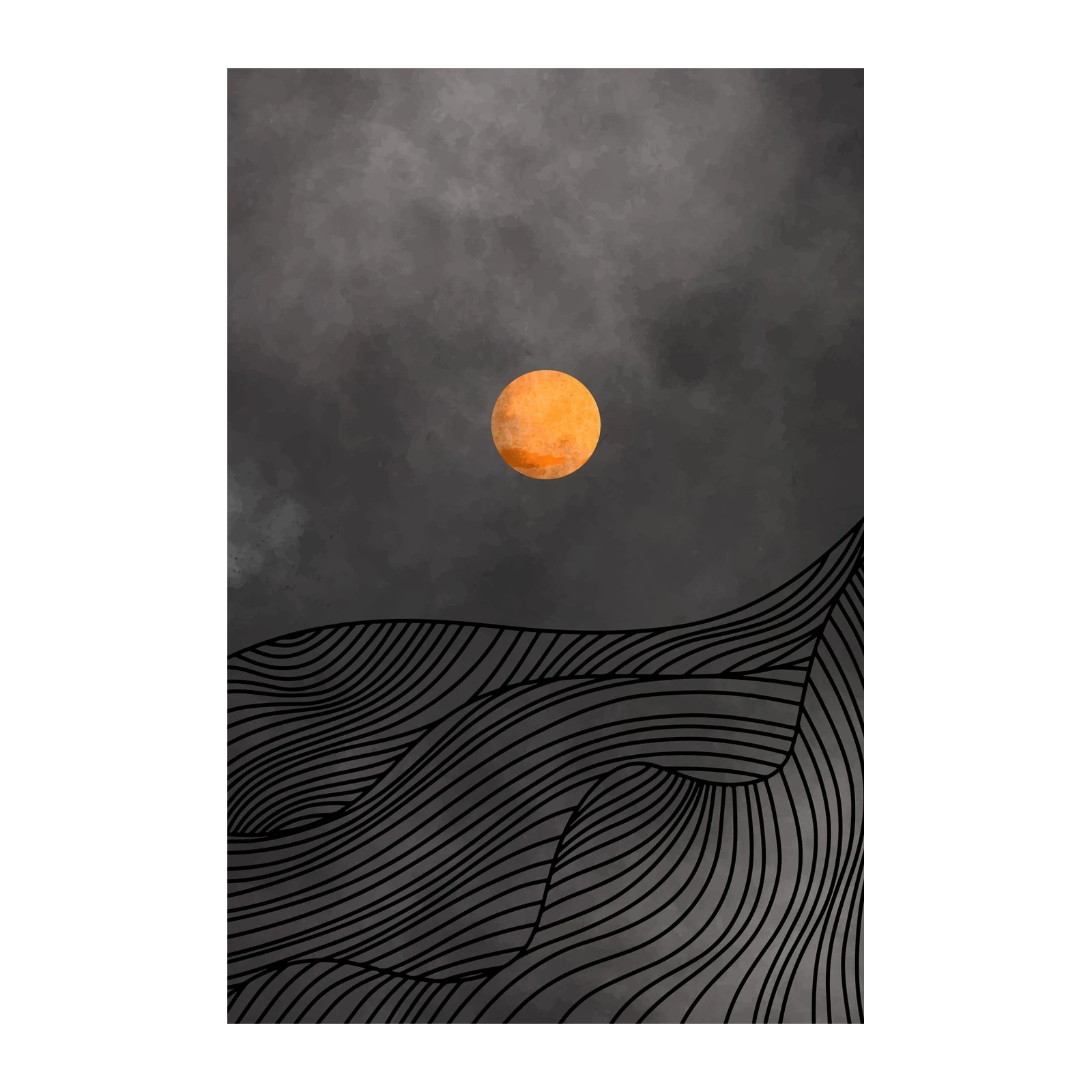 Minimalist Orange Moon Landscape Wall Art