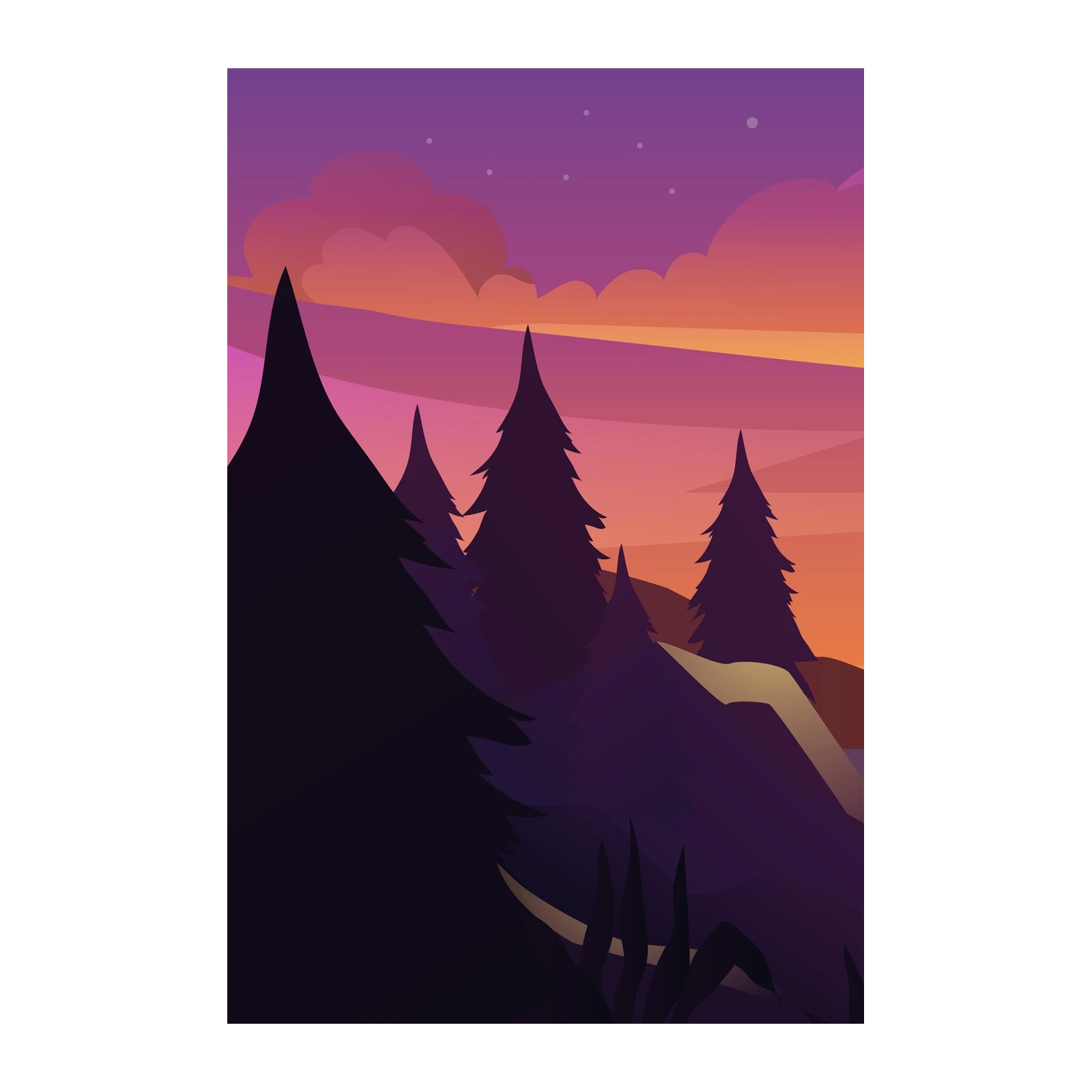 Serene Mountain Sunset Forest Wall Art