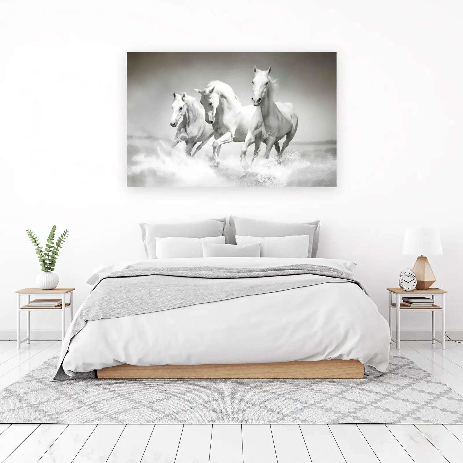 Majestic White Horses Galloping Through Water Wall Art