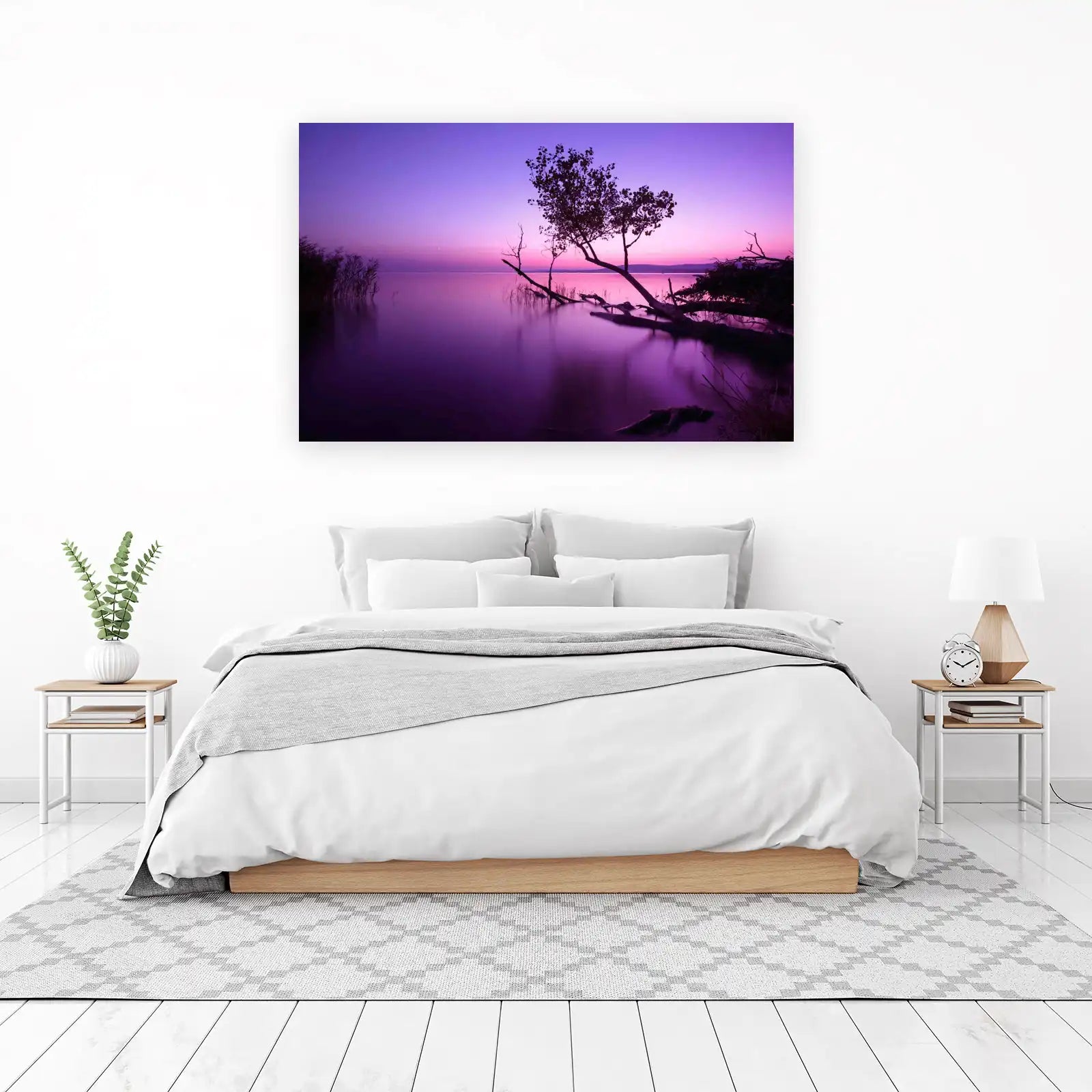 Serene Purple Sunset Lake Tree Wall Art