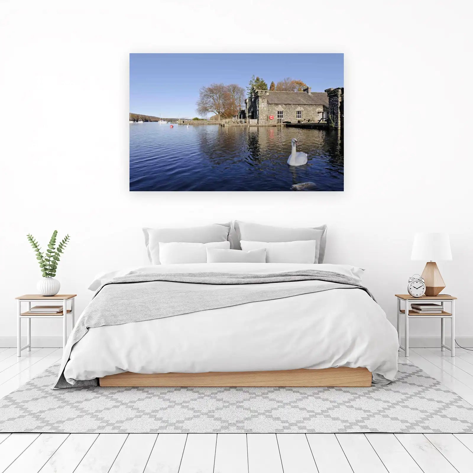 Serene Swan Lakehouse Landscape Wall Art