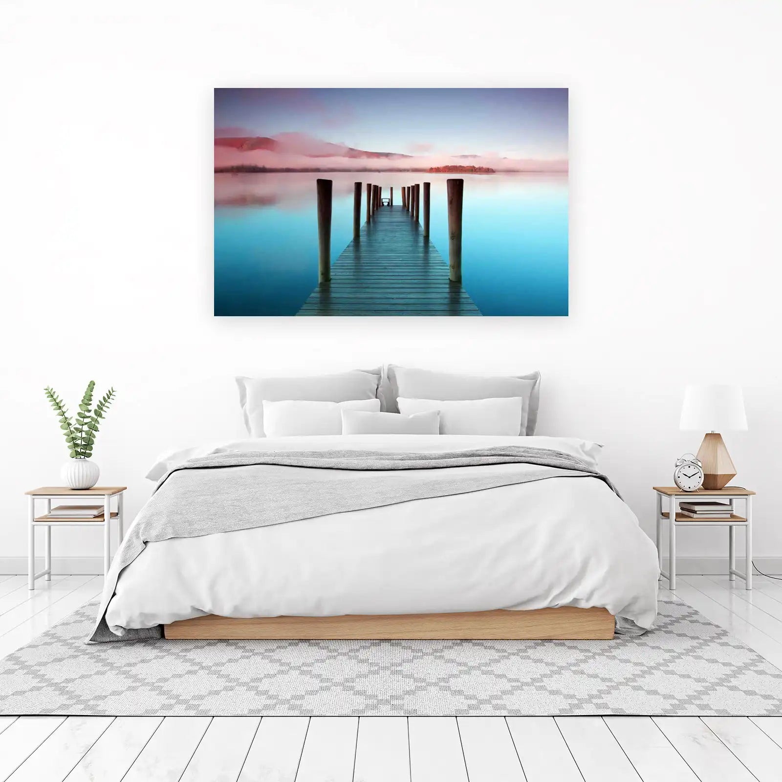 Tranquil Lake Pier Sunrise Wall Art