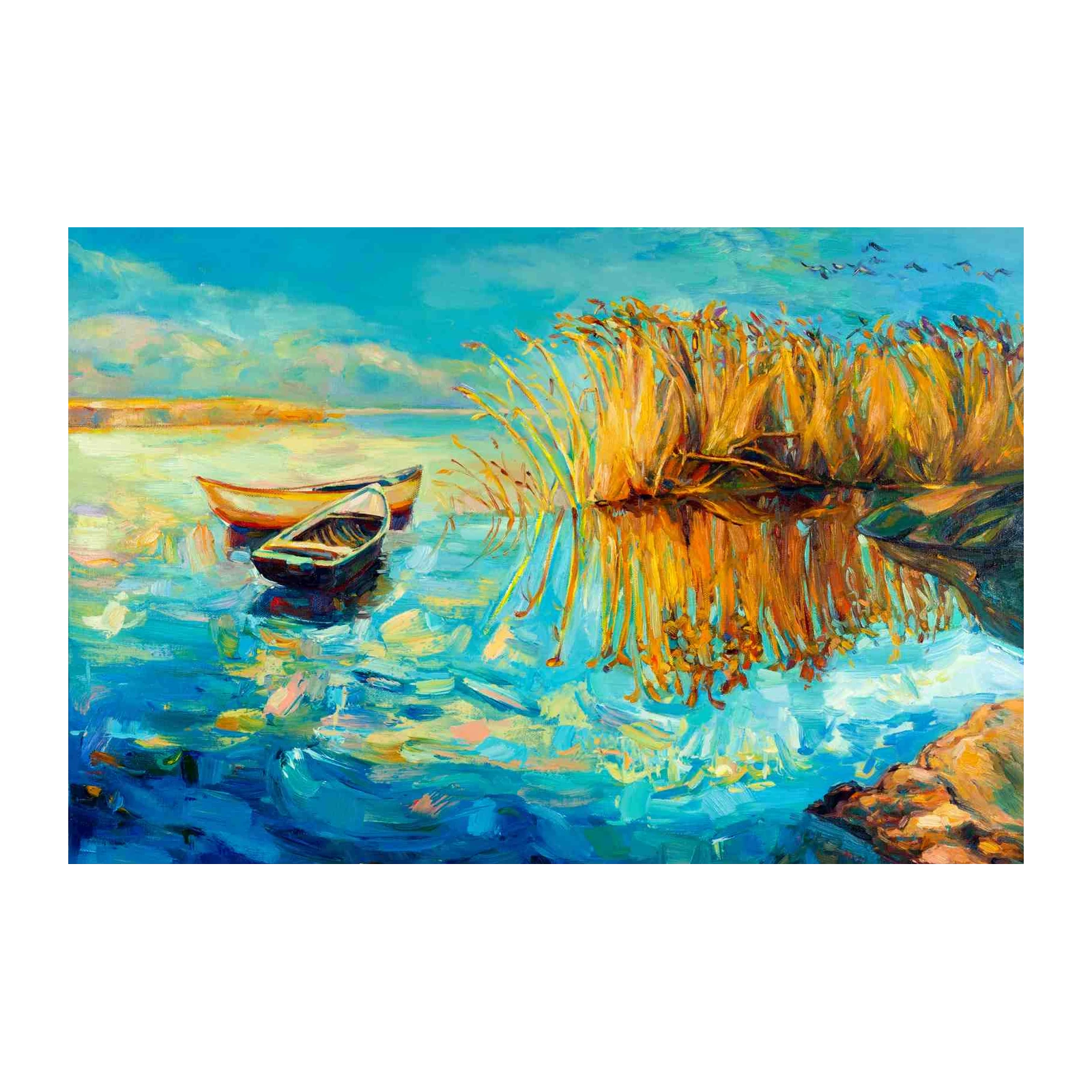 Serene Boats & Reeds Lake View Wall Art