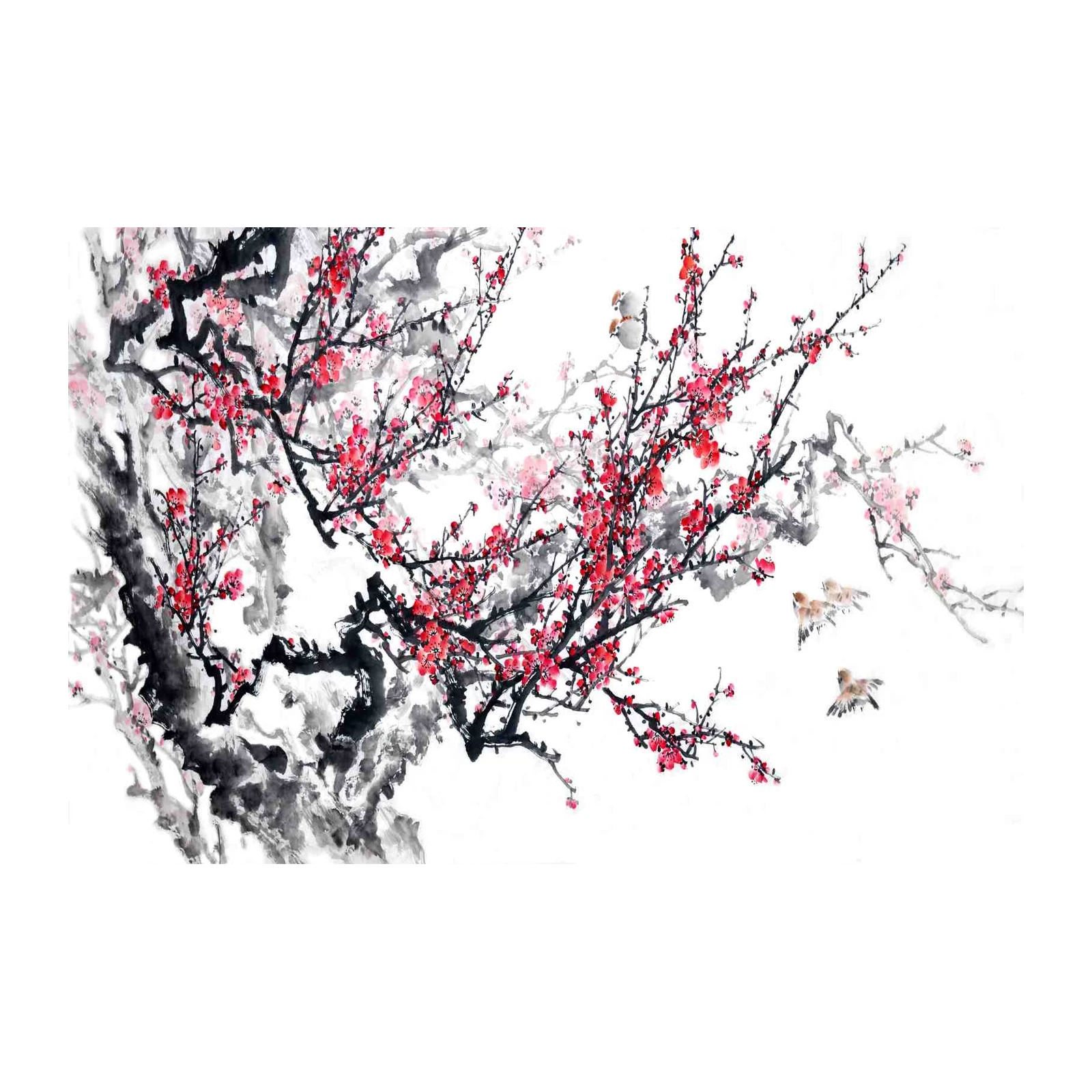 Elegant Red Blossom Birds Ink Wash Wall Art
