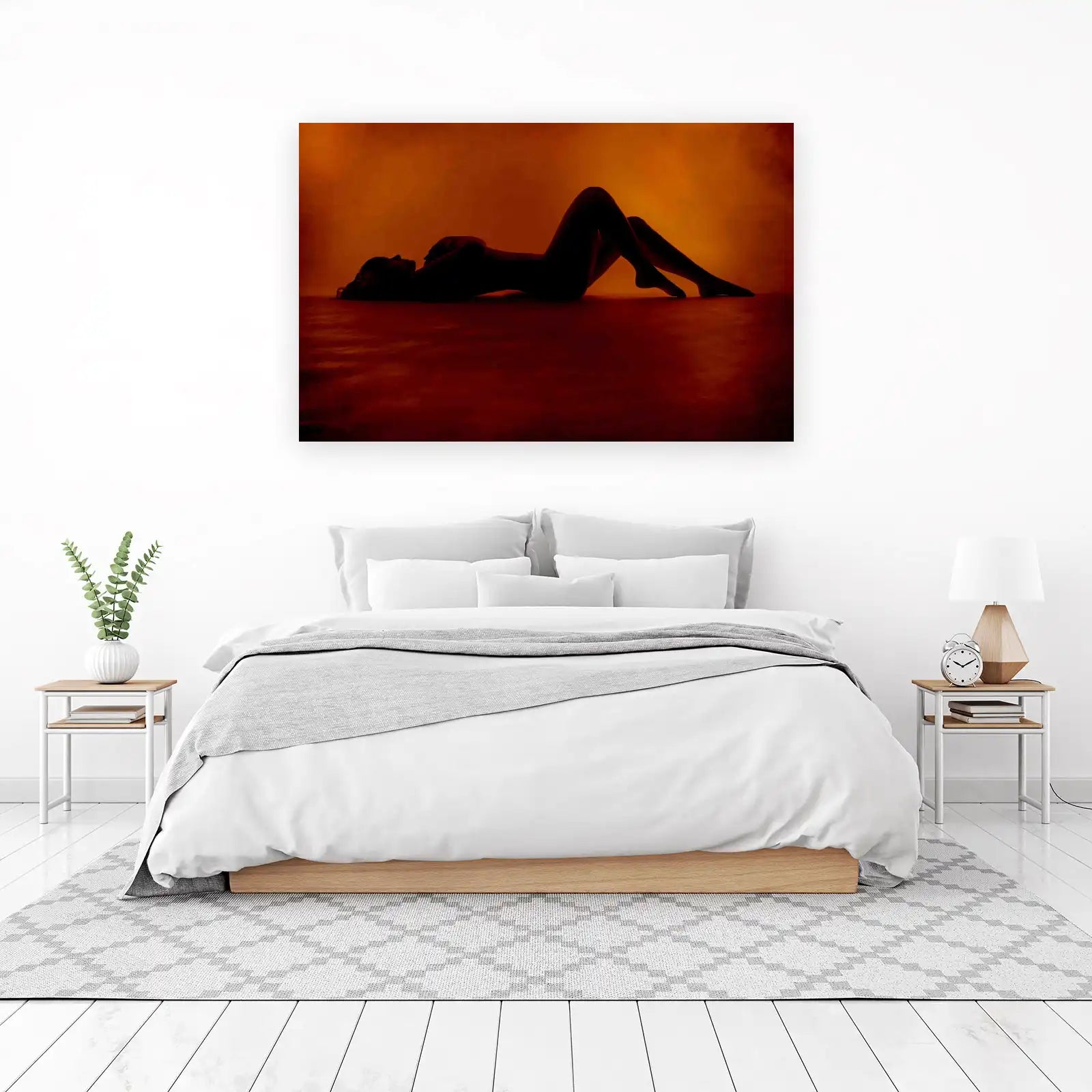 Serene Silhouette Woman Orange Glow Wall Art