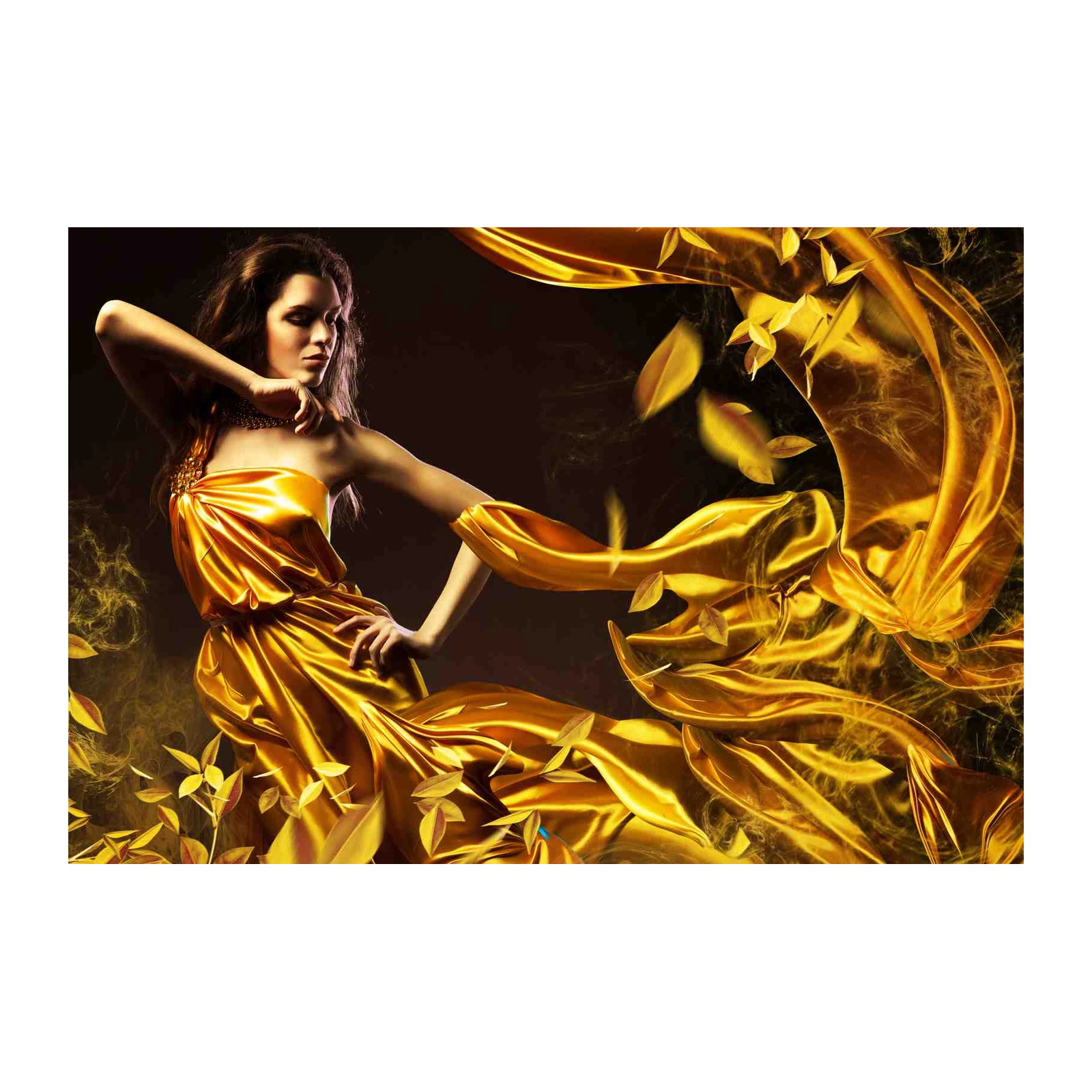 Golden Elegance Woman Flowing Fabric Wall Art