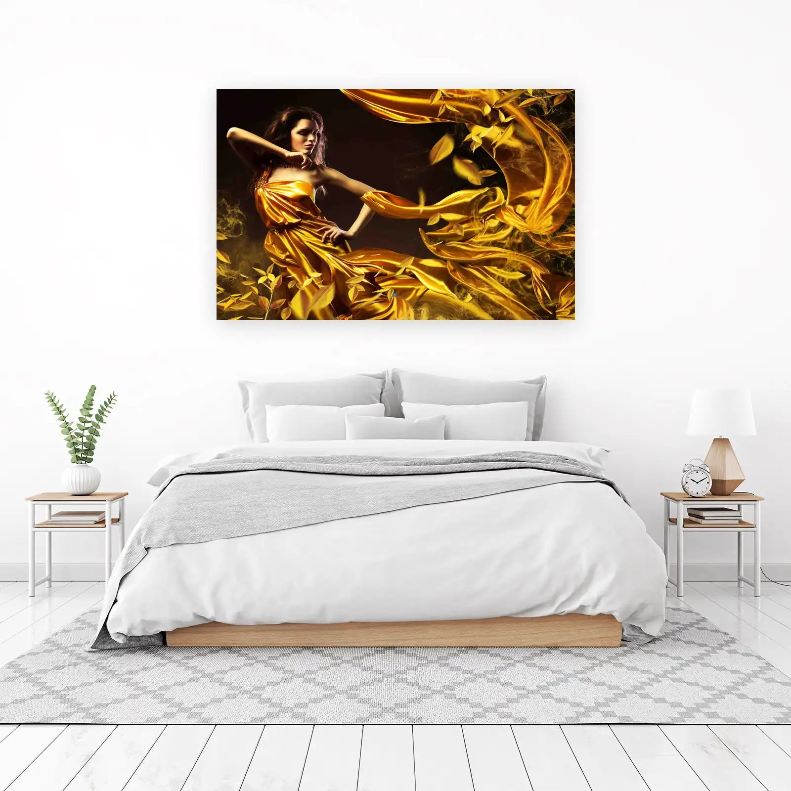 Golden Elegance Woman Flowing Fabric Wall Art