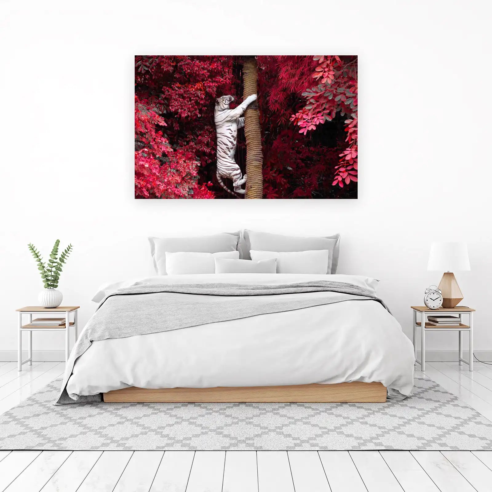 Majestic White Tiger Climbing Red Jungle Wall Art