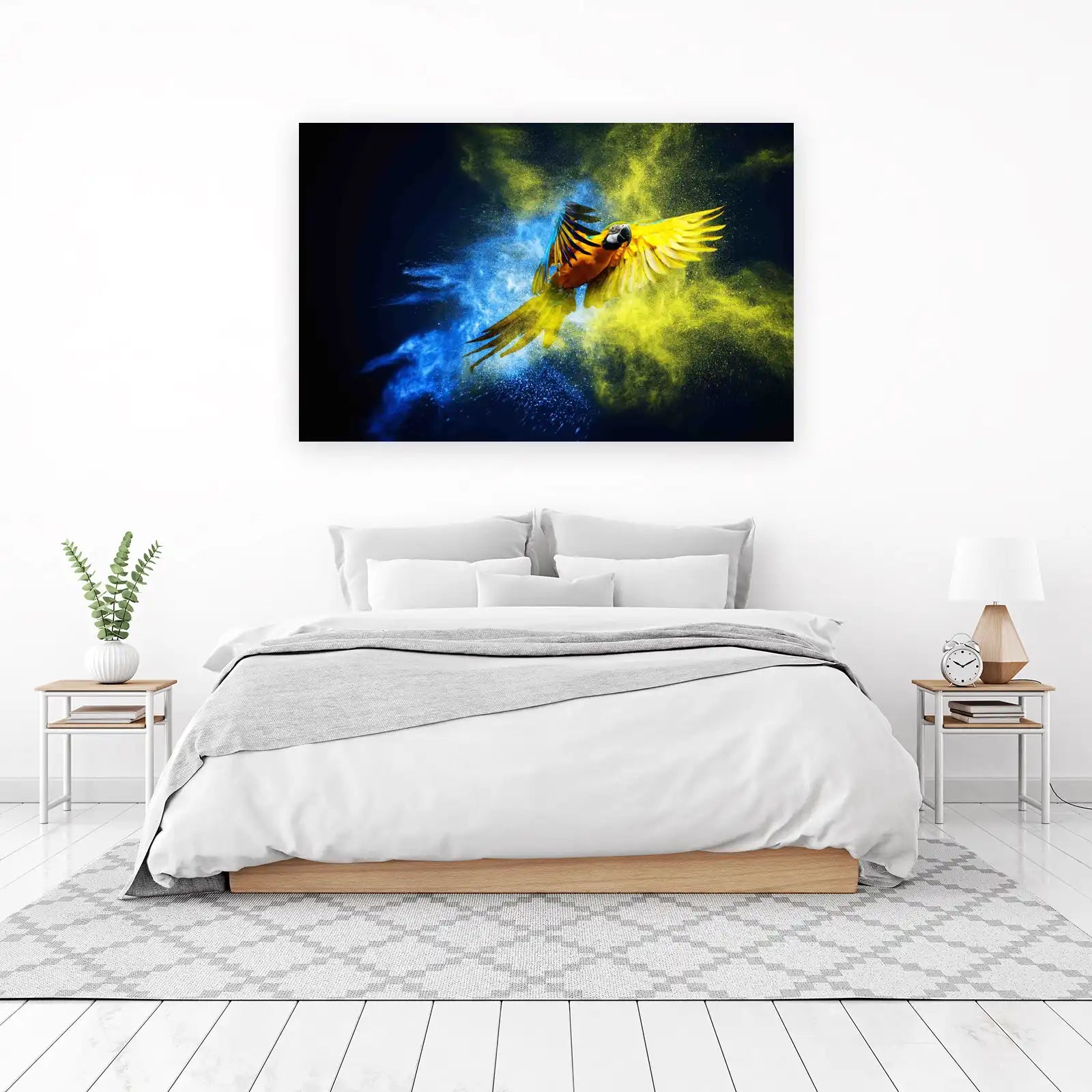 Vibrant Macaw Flight Yellow Blue Splash Wall Art