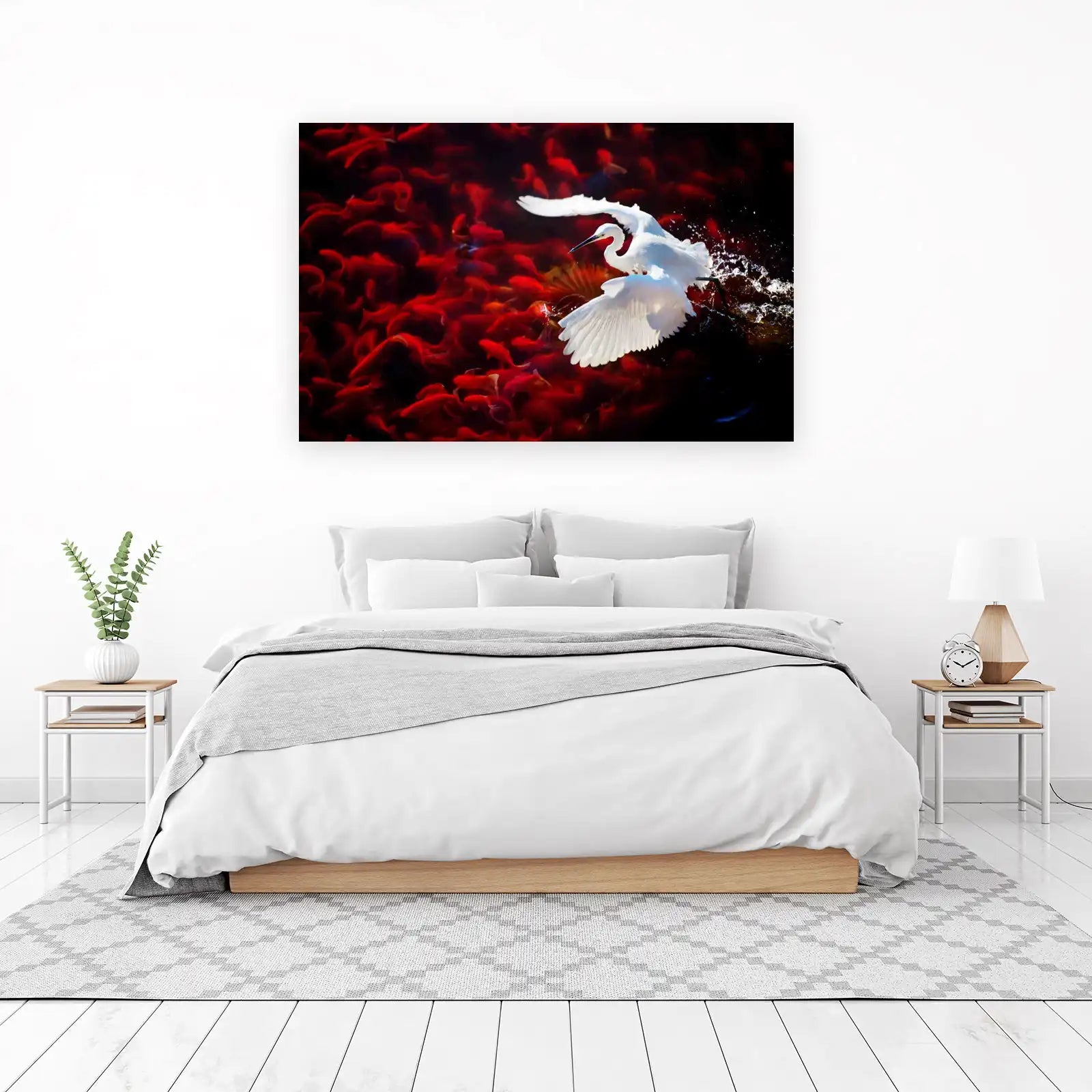 Graceful Egret & Koi Pond Wall Art - Serene Nature Art