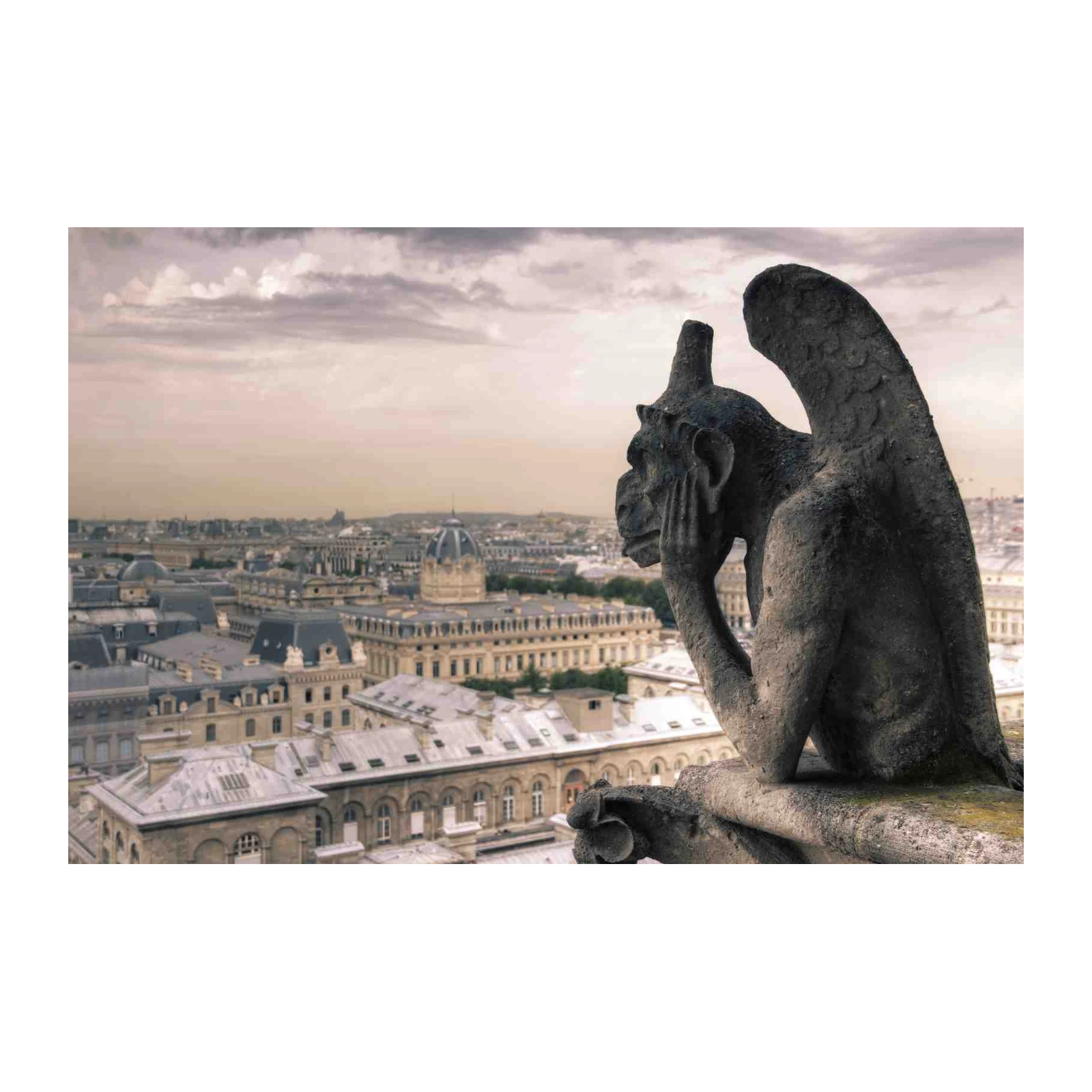 Gargoyle Overlooking Paris Gothic Cityscape Wall Art