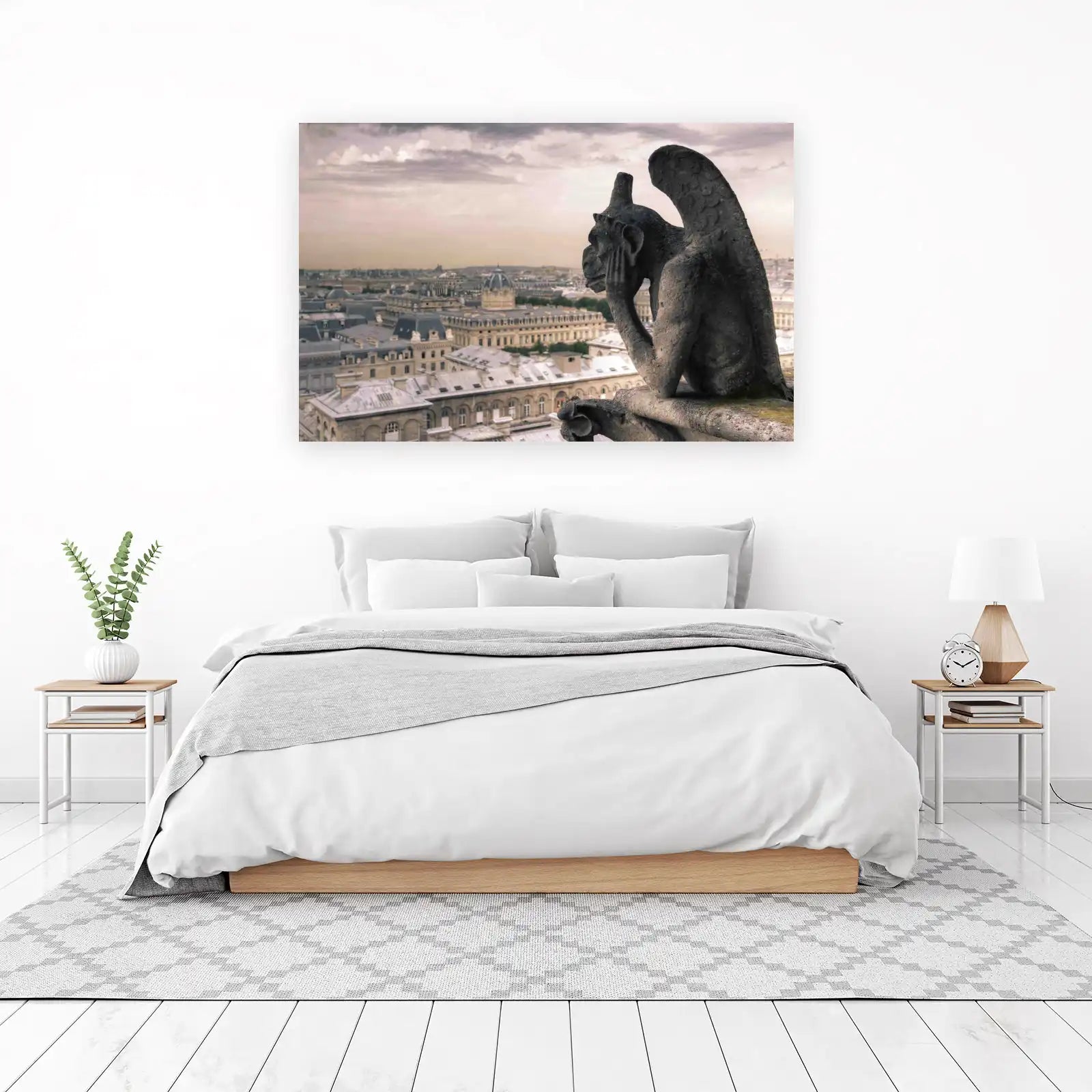 Gargoyle Overlooking Paris Gothic Cityscape Wall Art