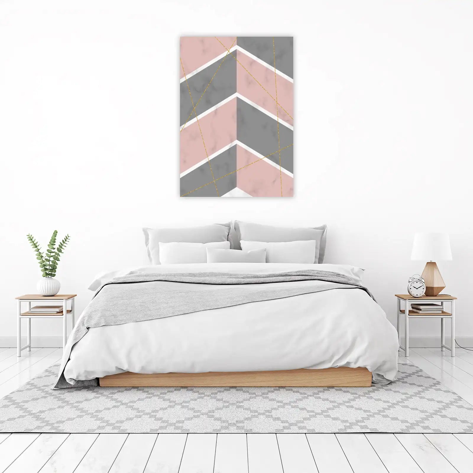 Geometric Pink Grey Gold Marble Chevron Wall Art