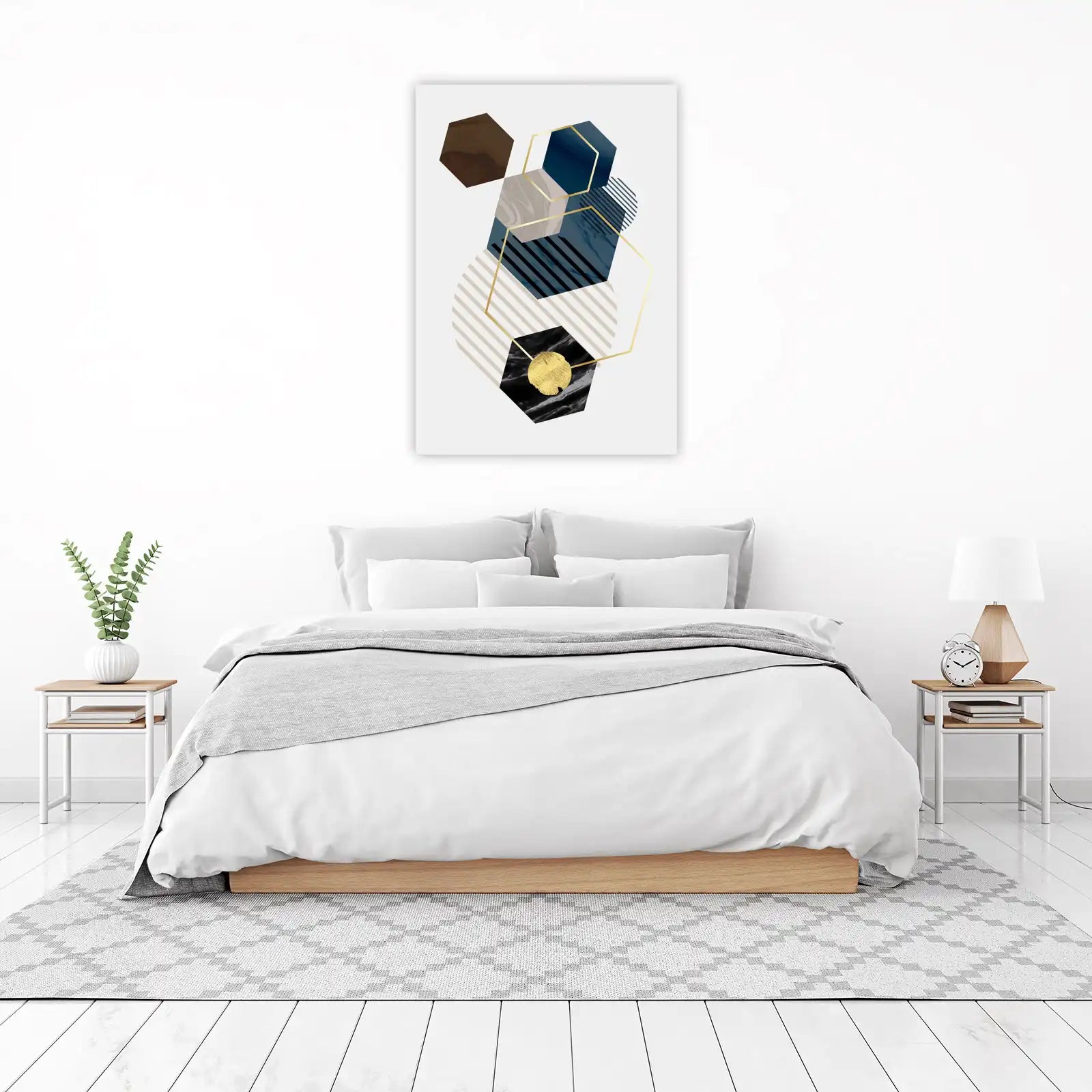 Geometric Abstract Gold & Blue Hexagon Wall Art