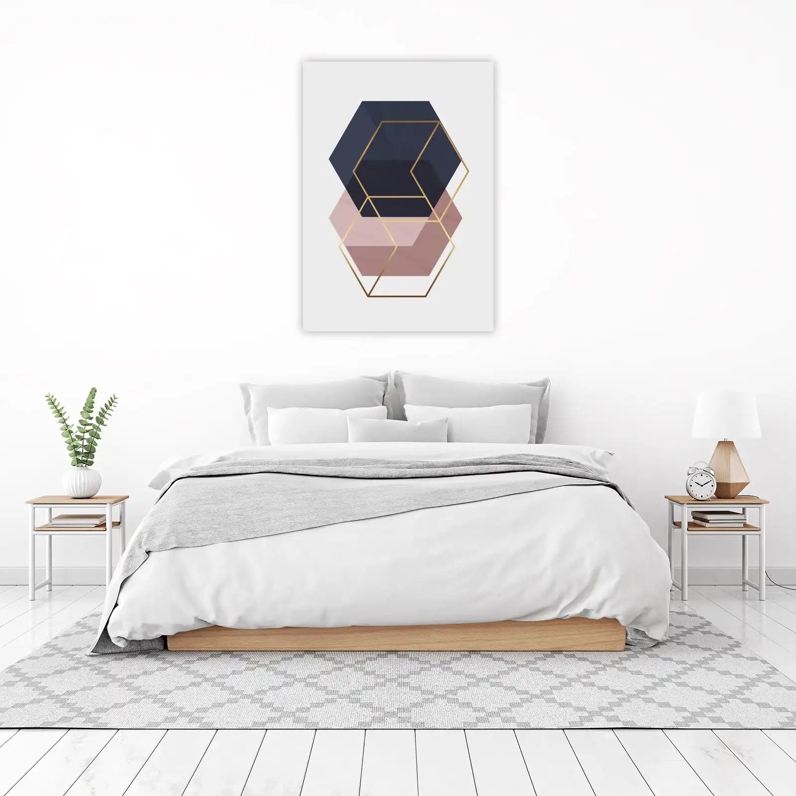 Geometric Hexagon Blush & Navy Gold Wall Art