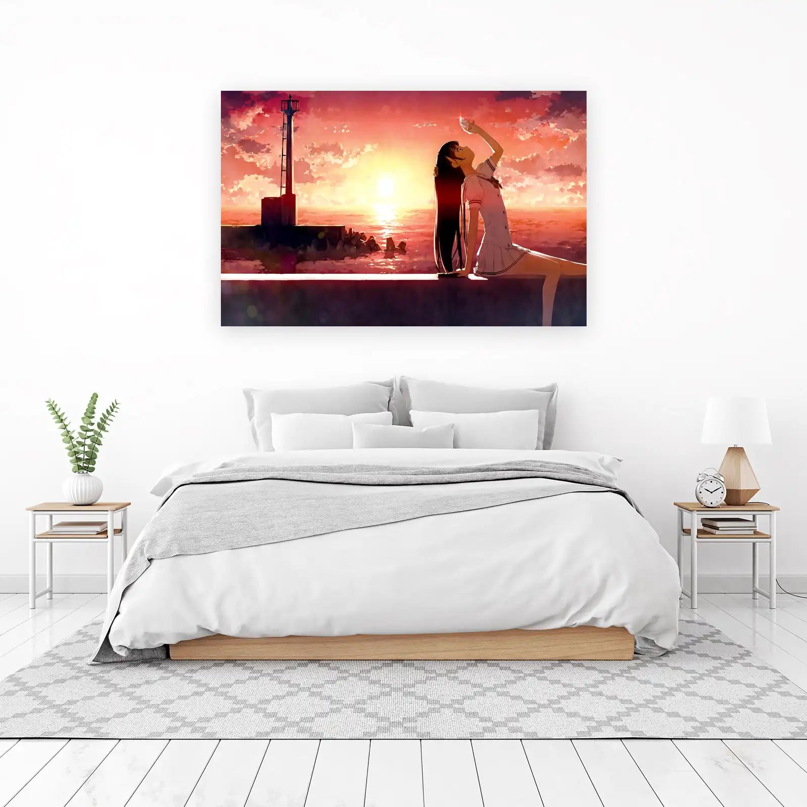 Serene Sunset Lighthouse Anime Wall Art