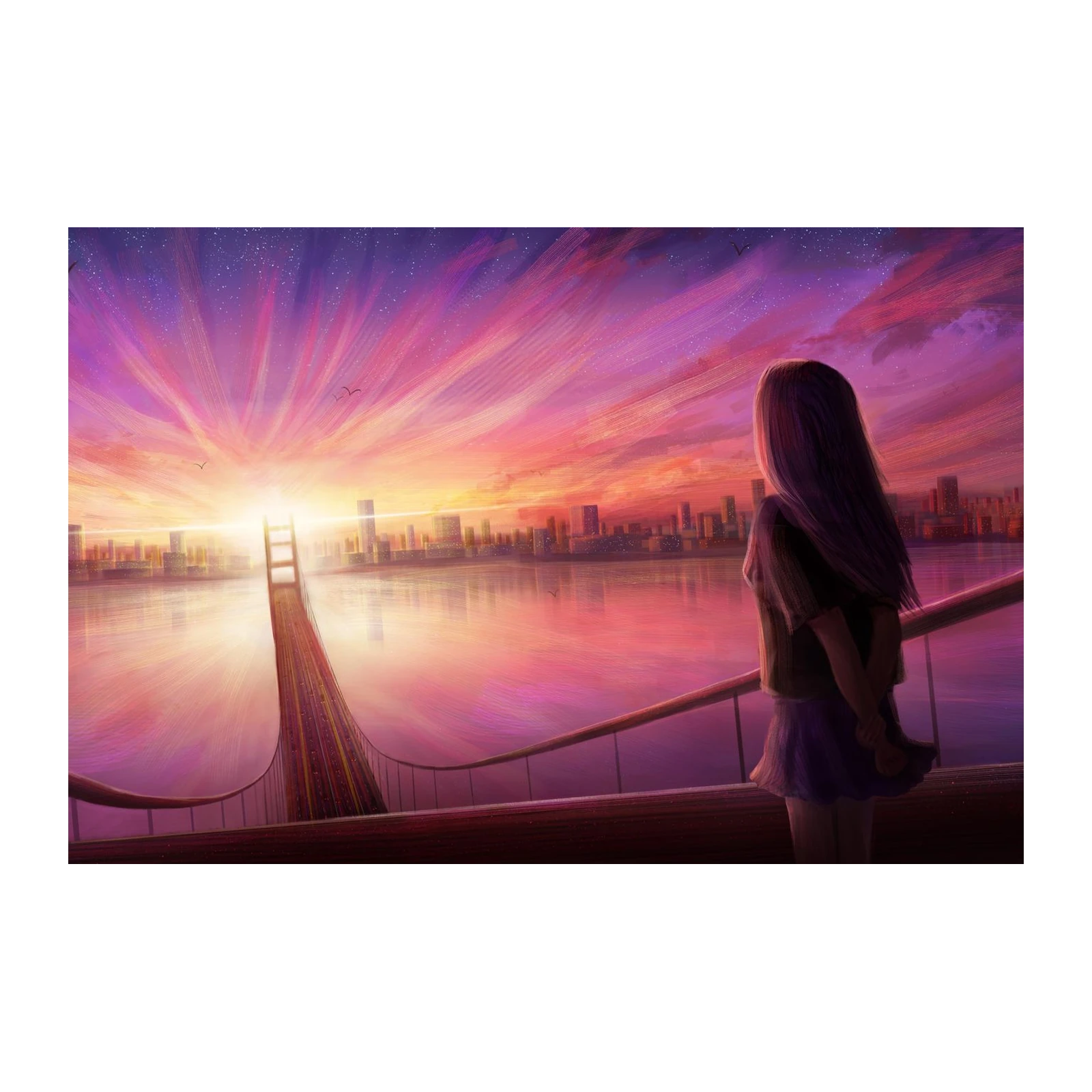 Sunset Cityscape & Serene Girl Wall Art