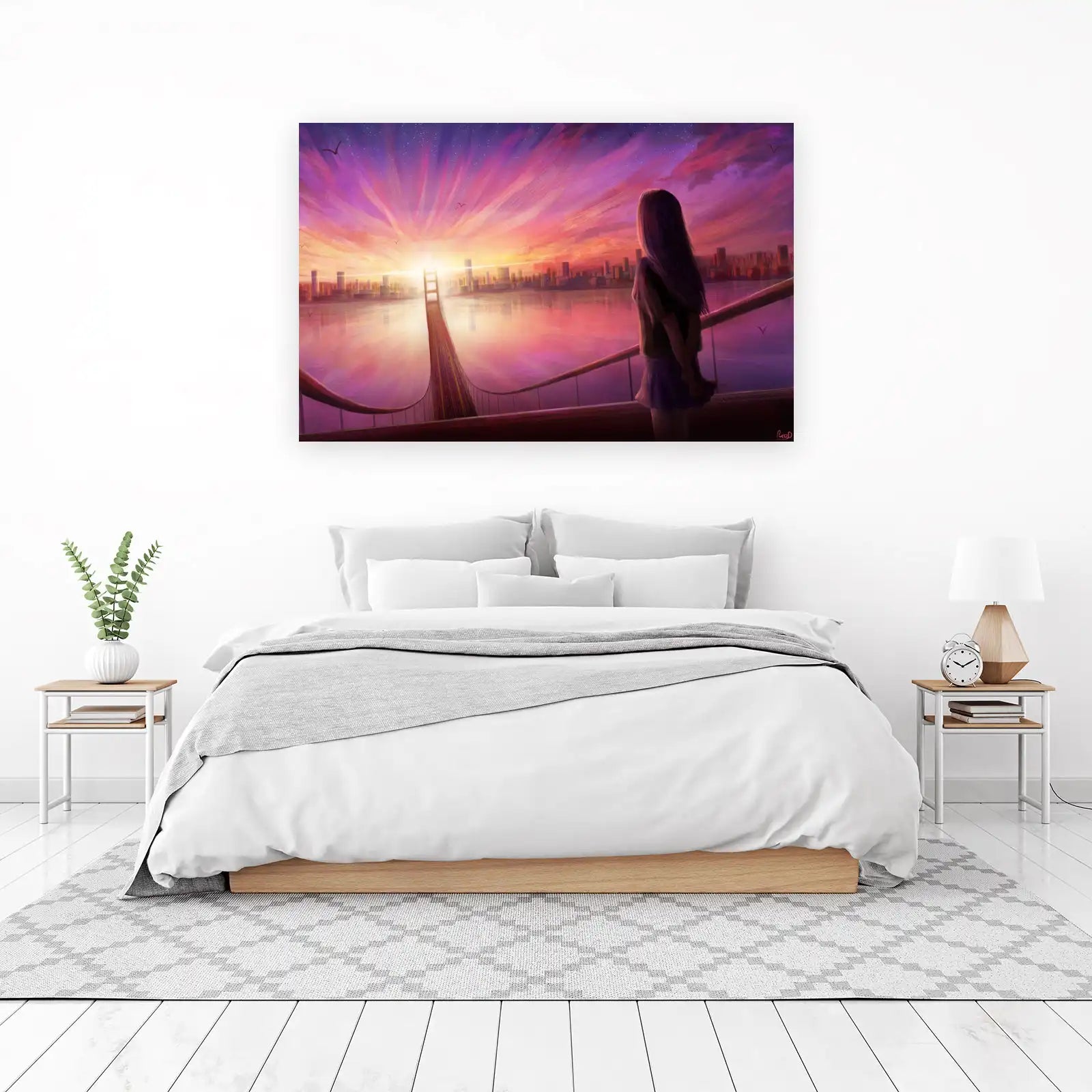 Sunset Cityscape & Serene Girl Wall Art
