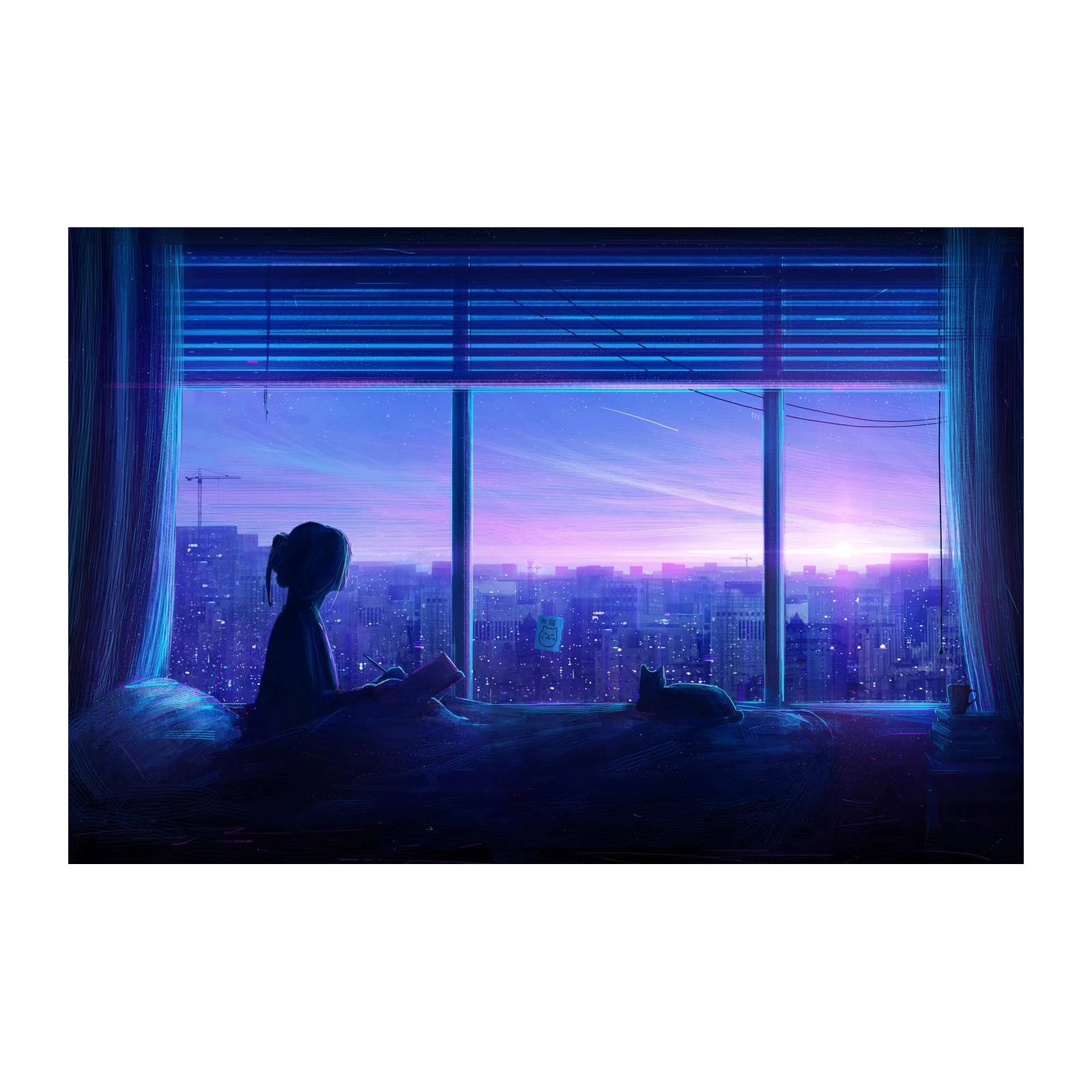 Dreamy Cityscape Girl & Cat Wall Art
