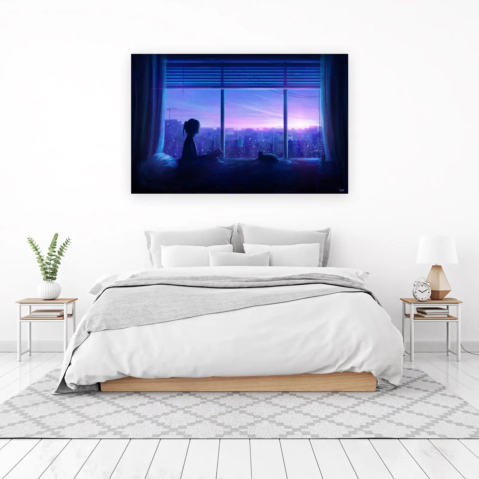 Dreamy Cityscape Girl & Cat Wall Art