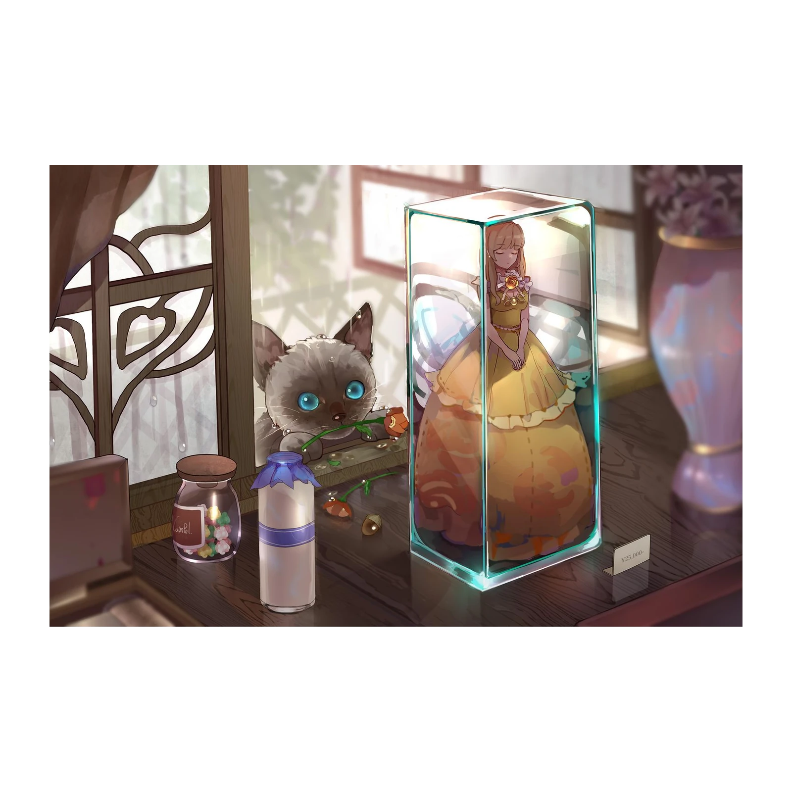 Enchanting Girl Doll & Cute Cat Rainy Day Wall Art